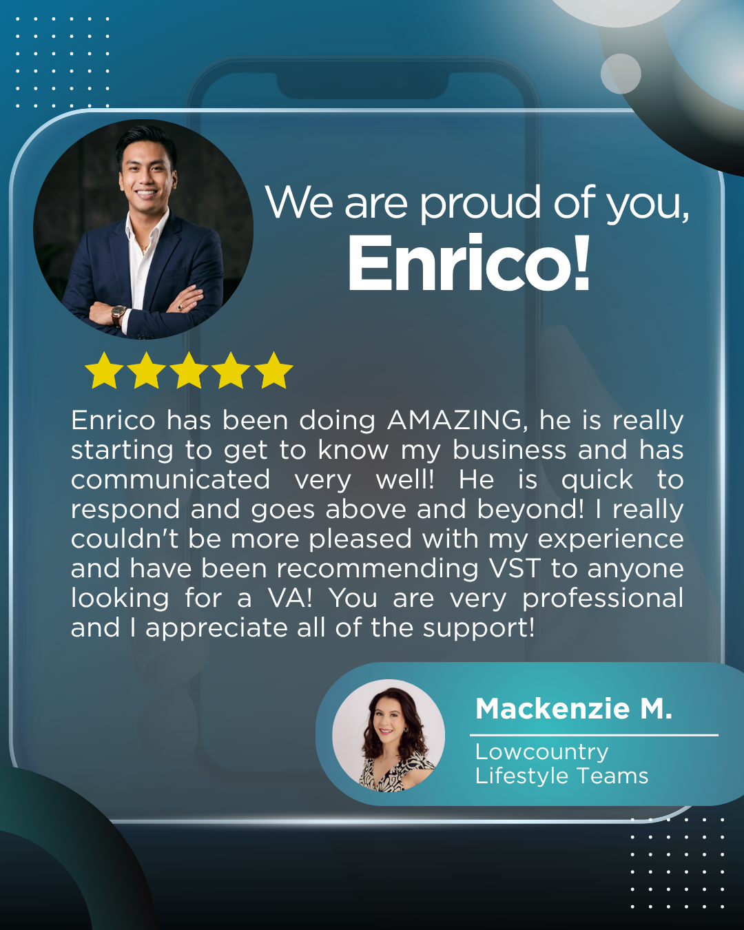 Testimonial graphic with a photo of a smiling man in a suit, a five-star rating, and a written review praising Enrico's service, with a photo of a woman named Mackenzie M. from Lowcountry Lifestyle Teams.