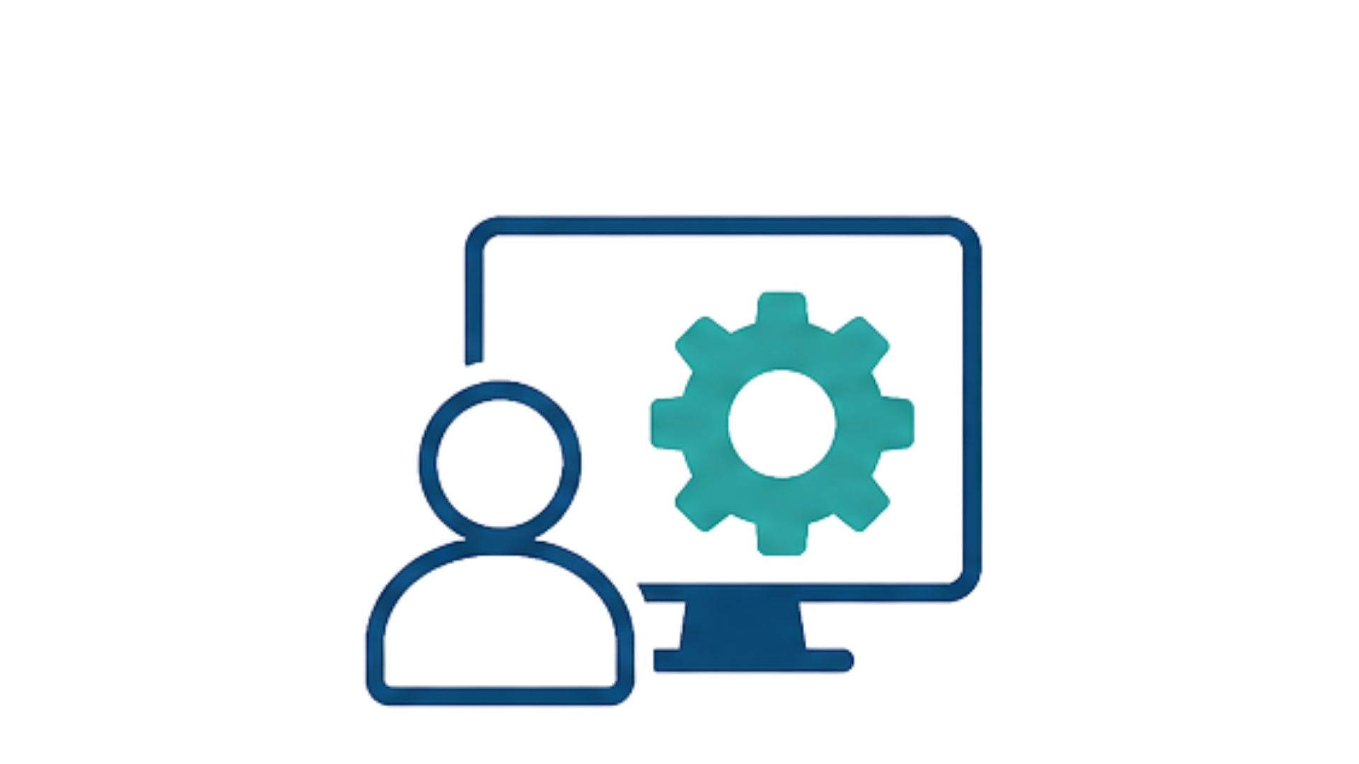 Illustration of a person with a gear on a computer monitor, symbolizing technical support or system configuration.