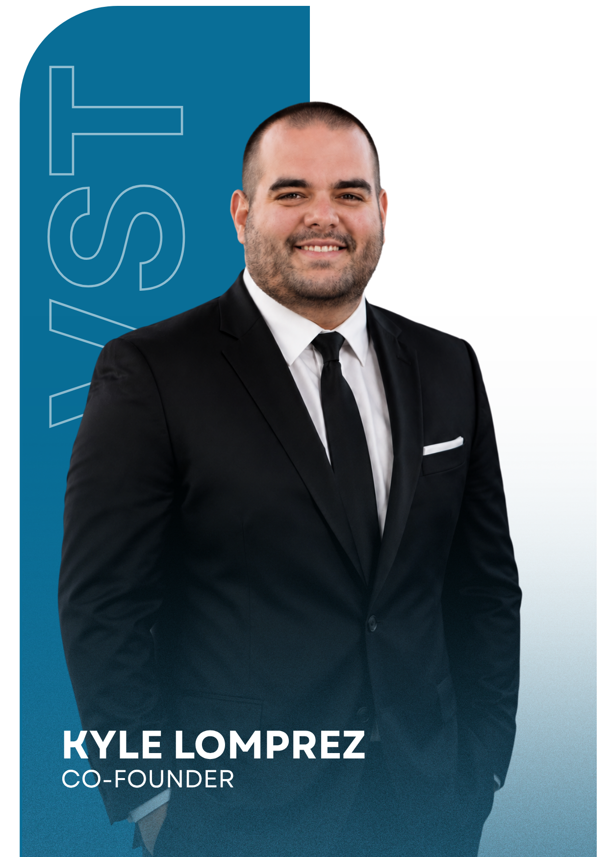 Professional portrait of Kyle Lomprez in a black suit and tie, smiling, with a background divided into blue and white sections, and text indicating he is the co-founder.
