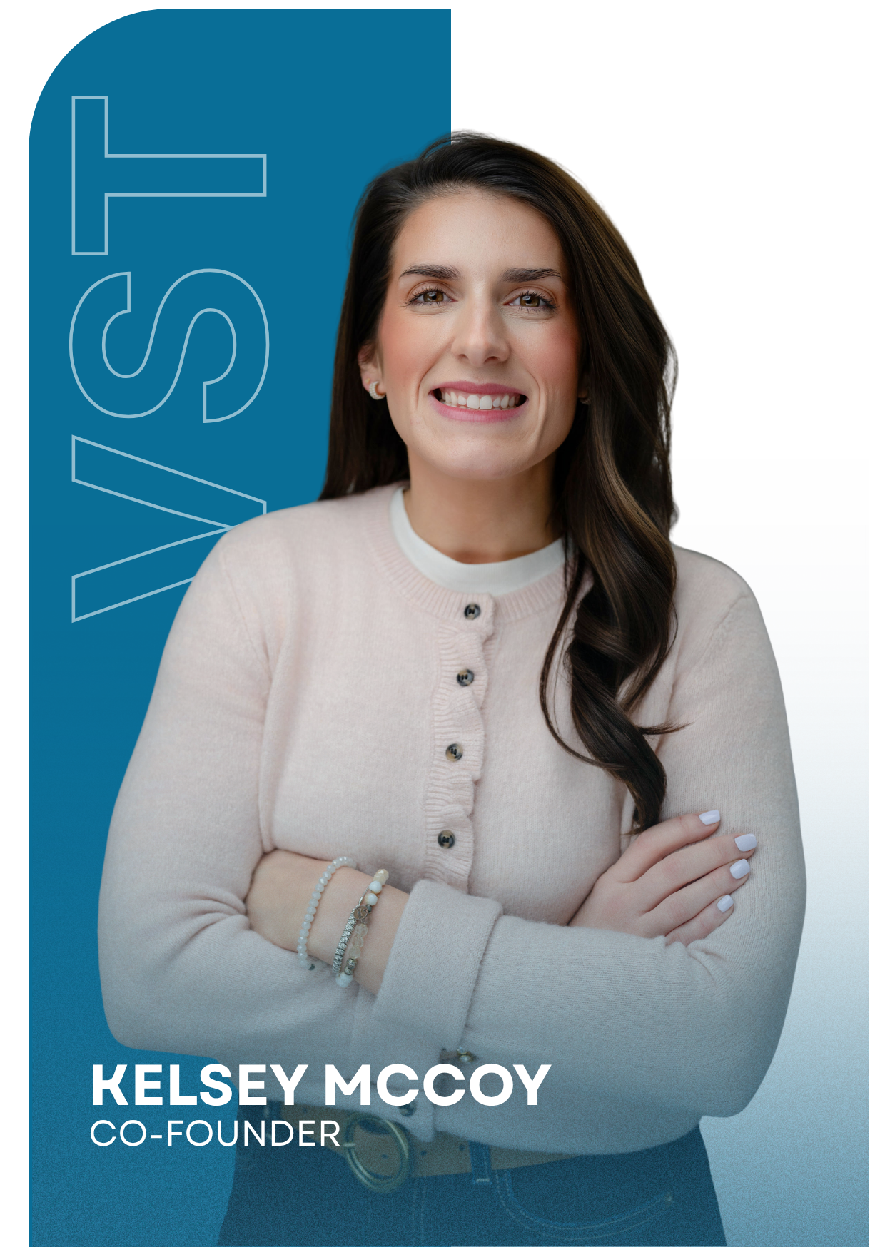A woman with long dark hair, wearing a light pink sweater, standing with her arms crossed, smiling. Background features a blue banner with the text "Kelsey McCoy, Co-Founder."