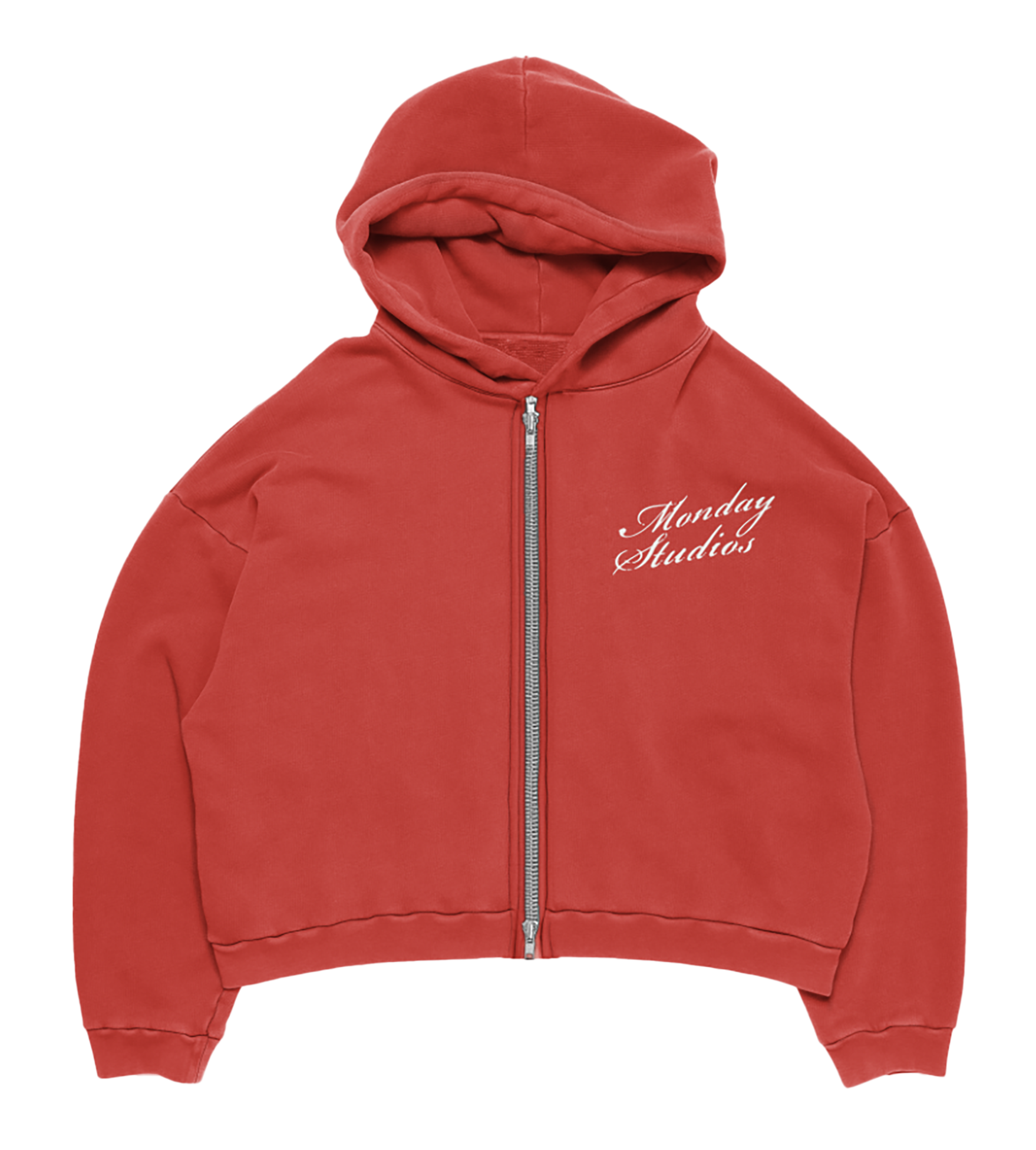 Red zip-up hoodie with the words "Monday Studios" embroidered on the front.