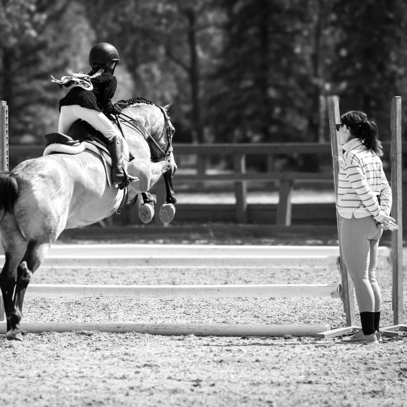 A horse jumping over a barrier during a equestrian event, guided by a woman standing on the ground in an outdoor arena.