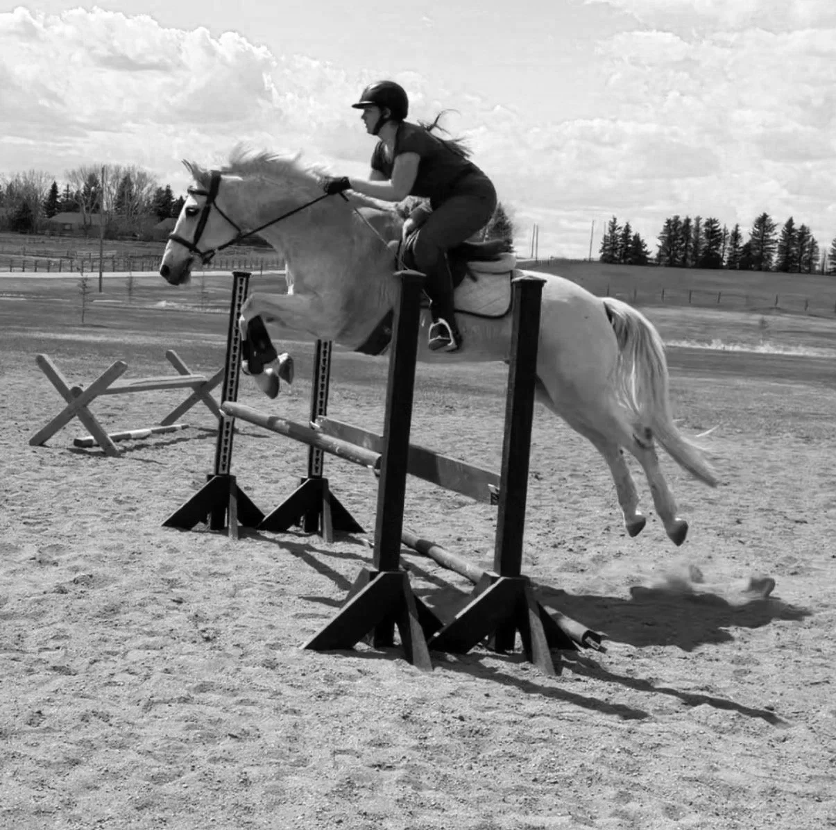 A woman riding a white horse jumps over an obstacle in an outdoor equestrian event, with a background of trees and cloudy sky.