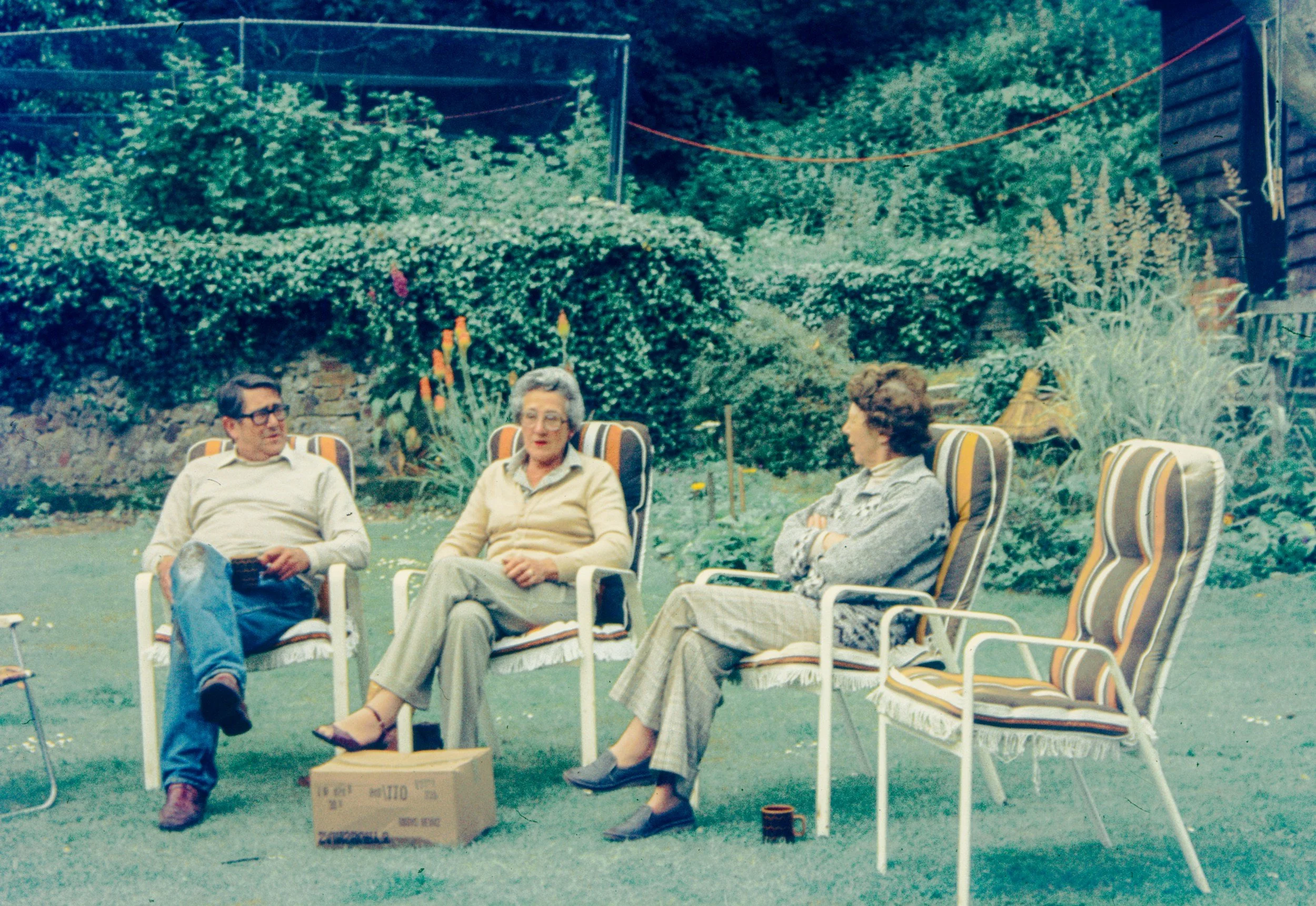 Three people sitting outdoors in a garden, engaging in a conversation. They are sitting in striped armchairs with a box and a small container on the ground nearby. The background includes dense greenery, flowers, and a wooden structure.