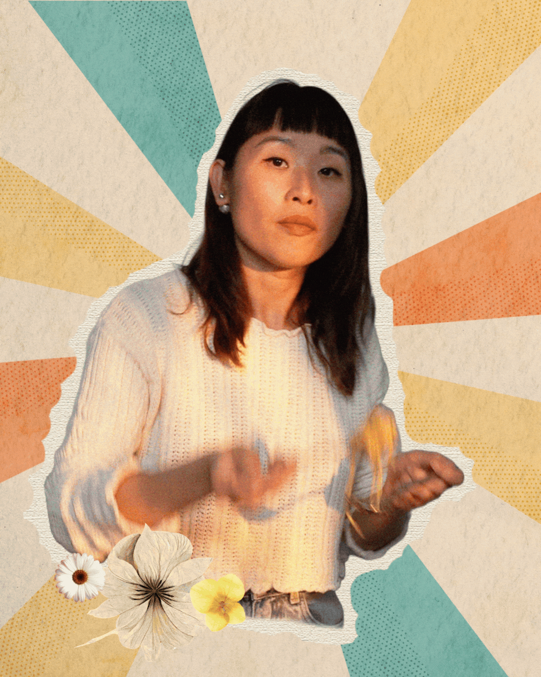 A woman with dark hair and bangs wearing a light-colored knit sweater, posing against a colorful, stylized, abstract background with floral and leaf decorations.
