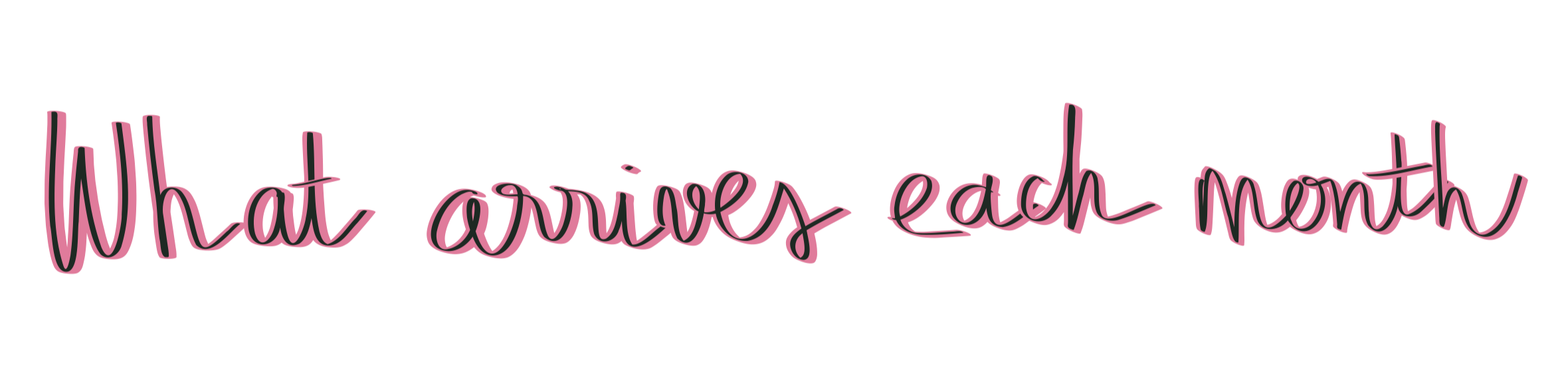 Pink neon-style text on a black background reading 'What arrives each month'.