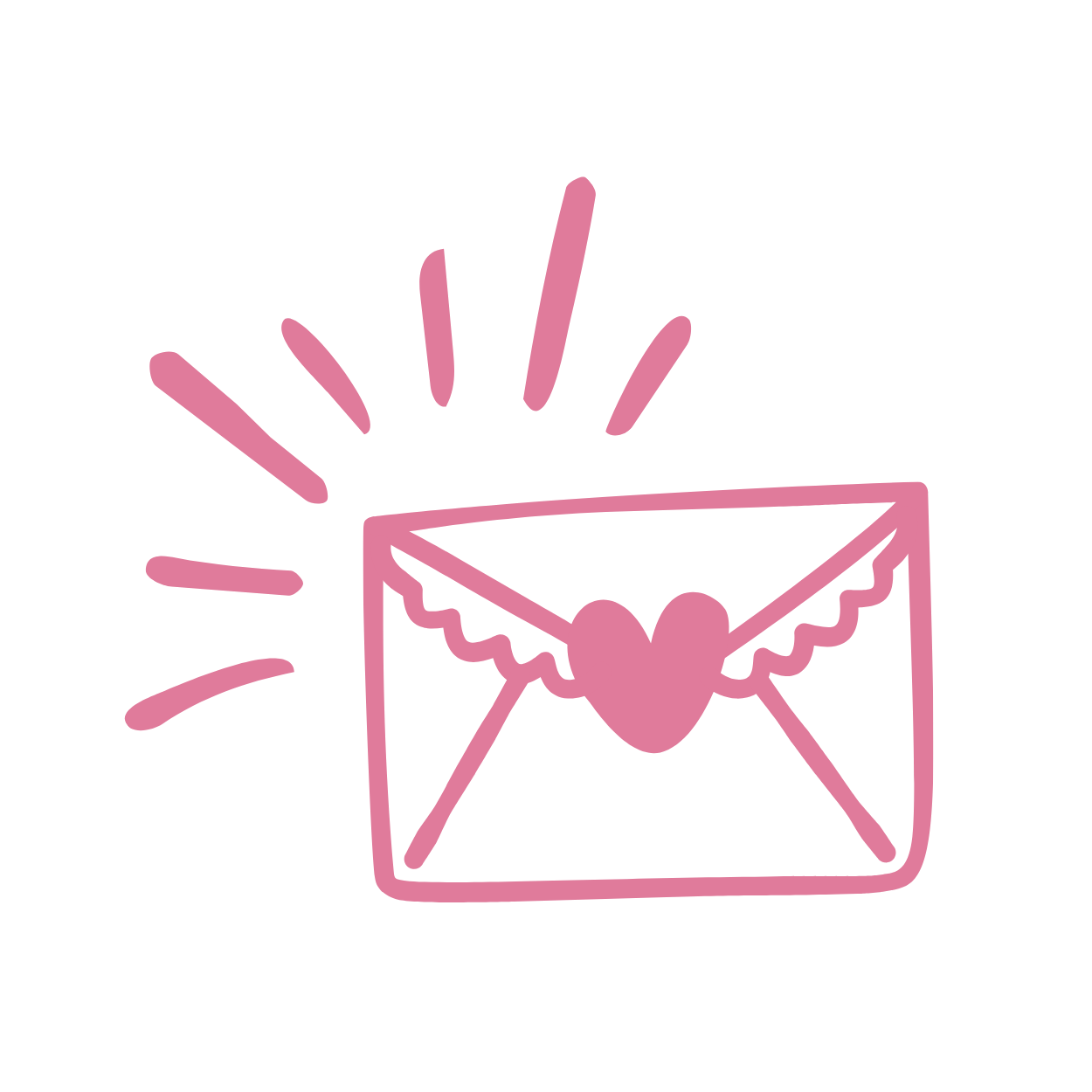 Pink outline drawing of an envelope with a heart on it, radiating lines around it, symbolizing love or a romantic message.
