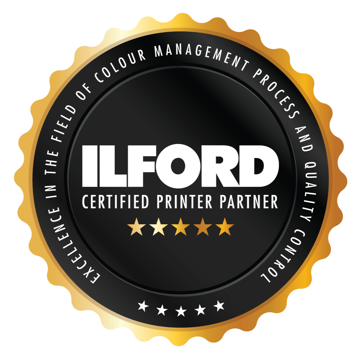 ILFORD Certified Printer Partner logo representing professional colour-managed fine art and photographic printing with Fred Snow Print Shop at Framed