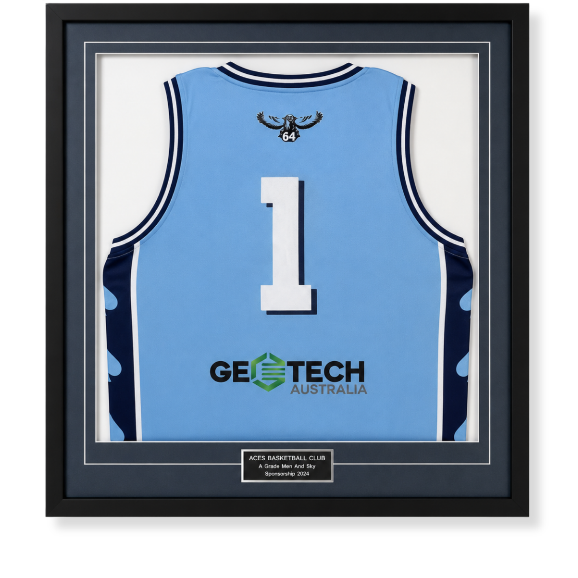 Custom framed Aces basketball jersey display with plaque detailing team sponsorship and player memorabilia.