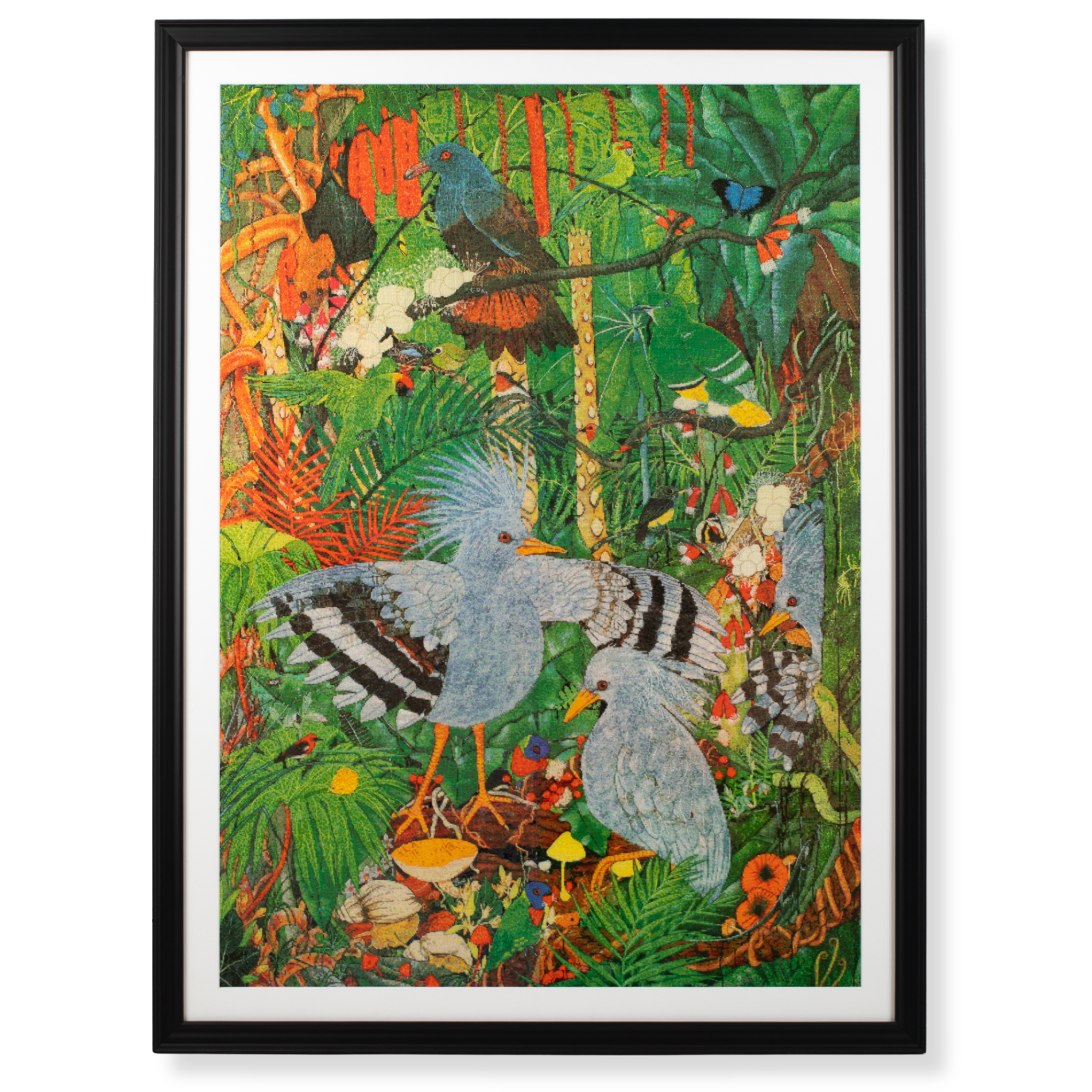 Framed colourful jungle cross stitch artwork featuring birds, butterflies, and botanical details with a white mat and black frame. 