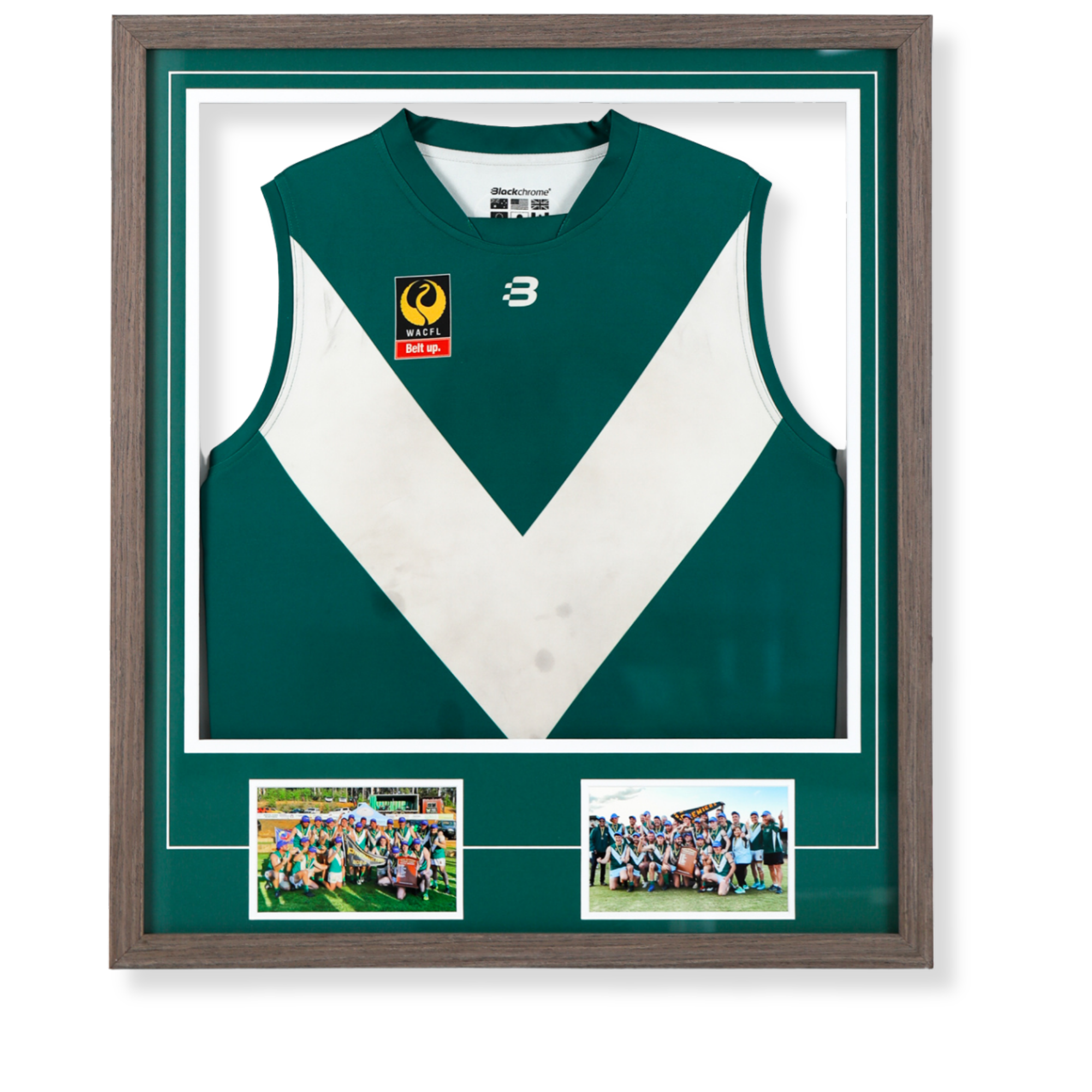 Custom sports memorabilia framing featuring WA State football jersey, team photographs and club memorabilia display.