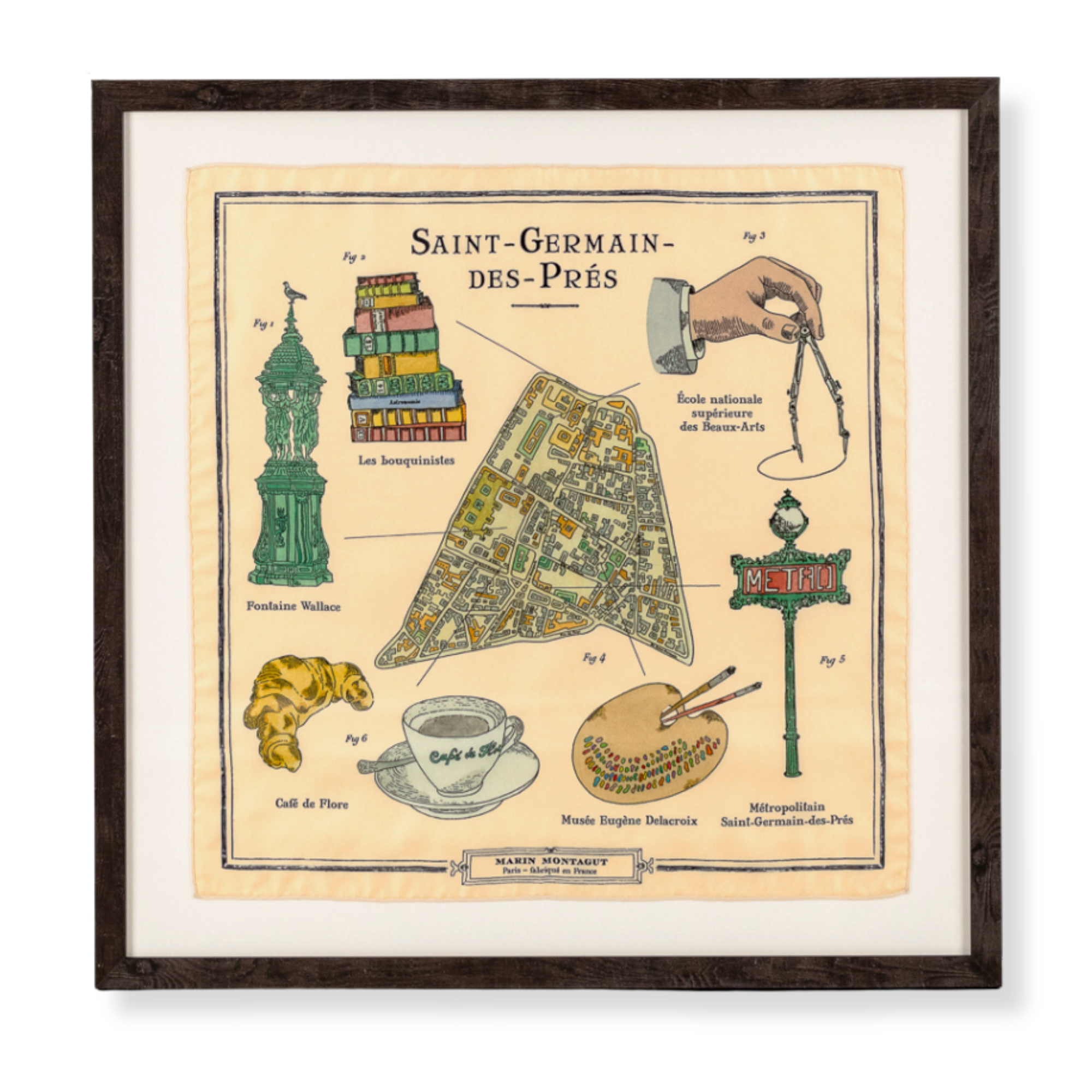 Custom framed vintage silk scarf featuring an illustrated map of Saint-Germain-des-Prés, Paris.