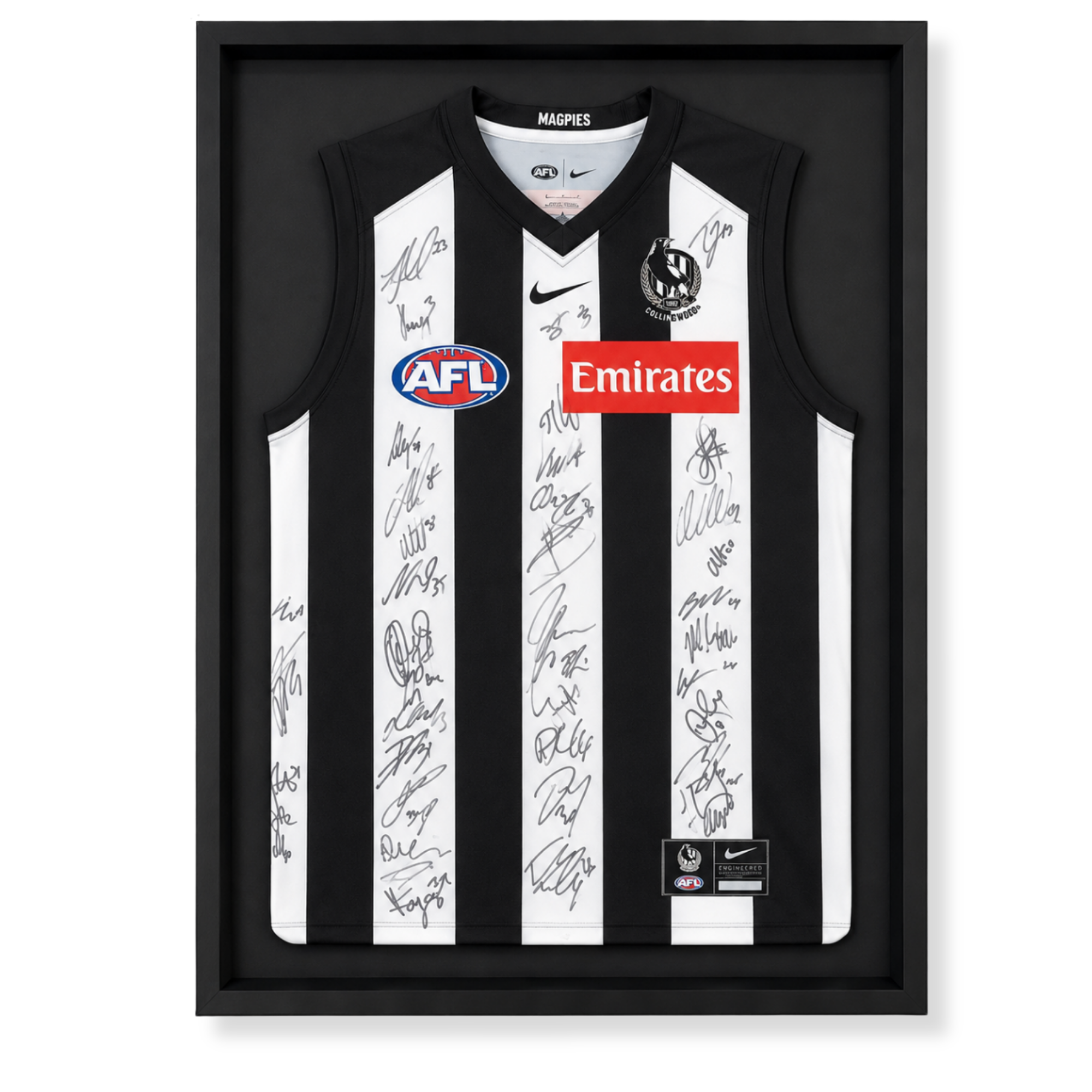 Custom framed signed Collingwood Football Club AFL jersey memorabilia display.