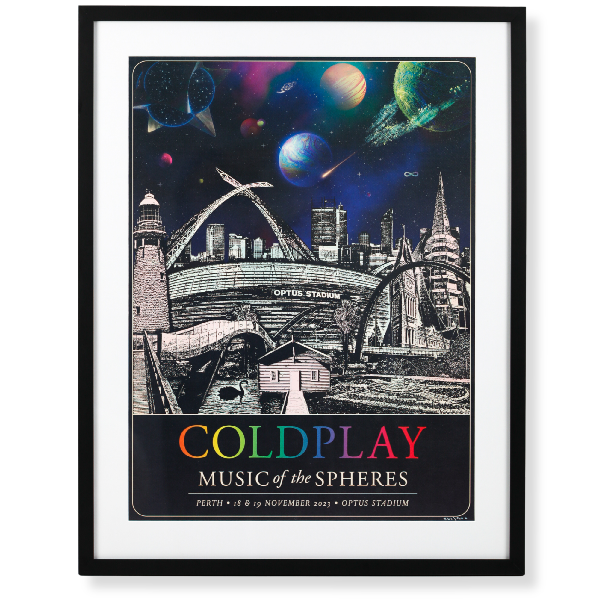Custom framed Coldplay ‘Music of the Spheres’ concert poster from Optus Stadium, Perth.