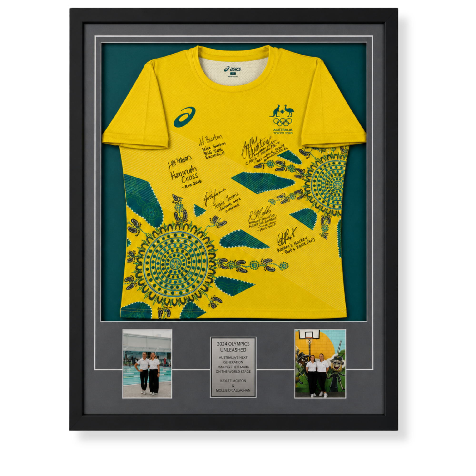 Custom framed Australian Olympic team jersey display featuring signed Tokyo 2021 Olympics memorabilia and athlete photographs.
