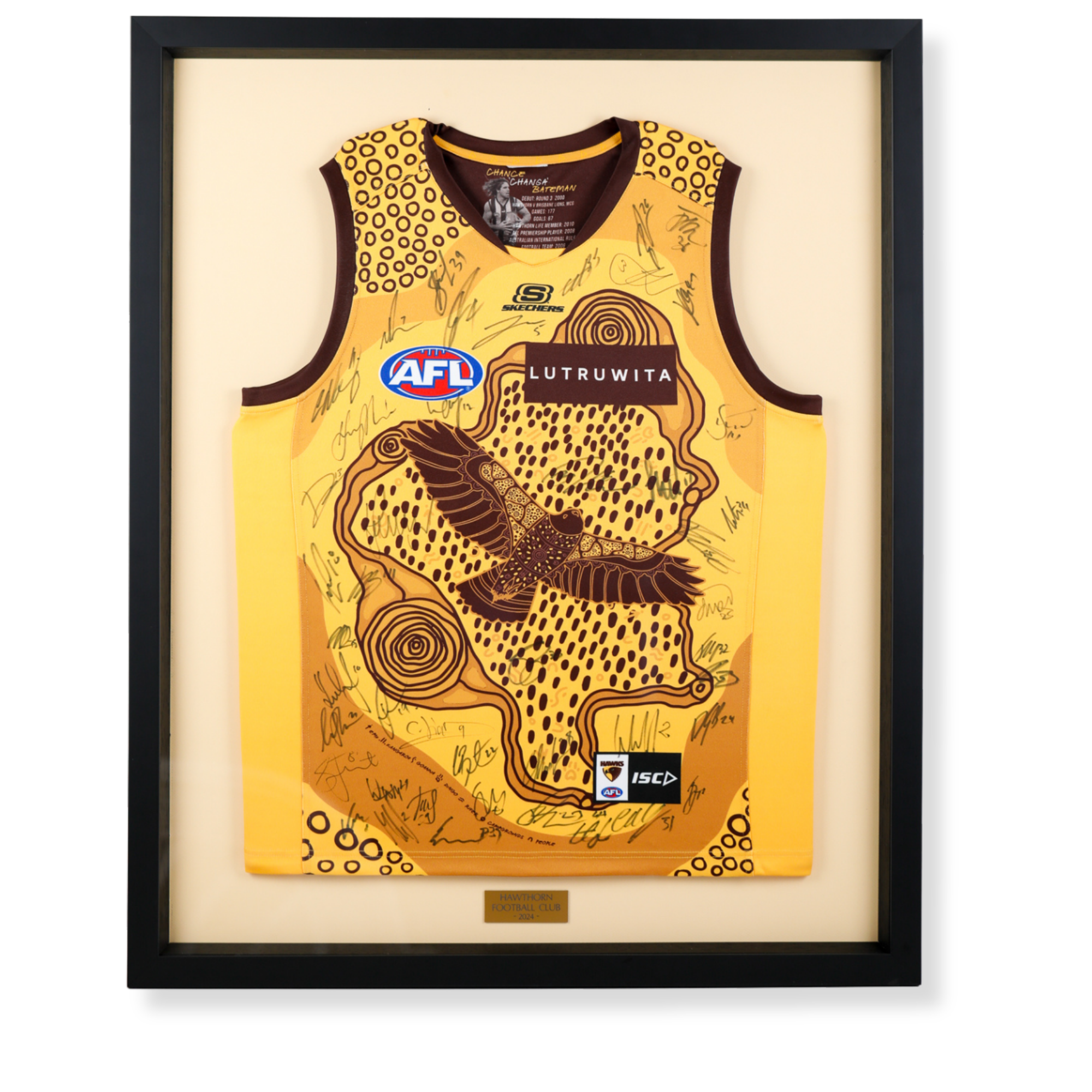 Custom framed signed Hawthorn Football Club AFL and AFLW Indigenous Round jersey display created for the Chef’s Long Table Lunch charity auction in Bunbury, 2024.