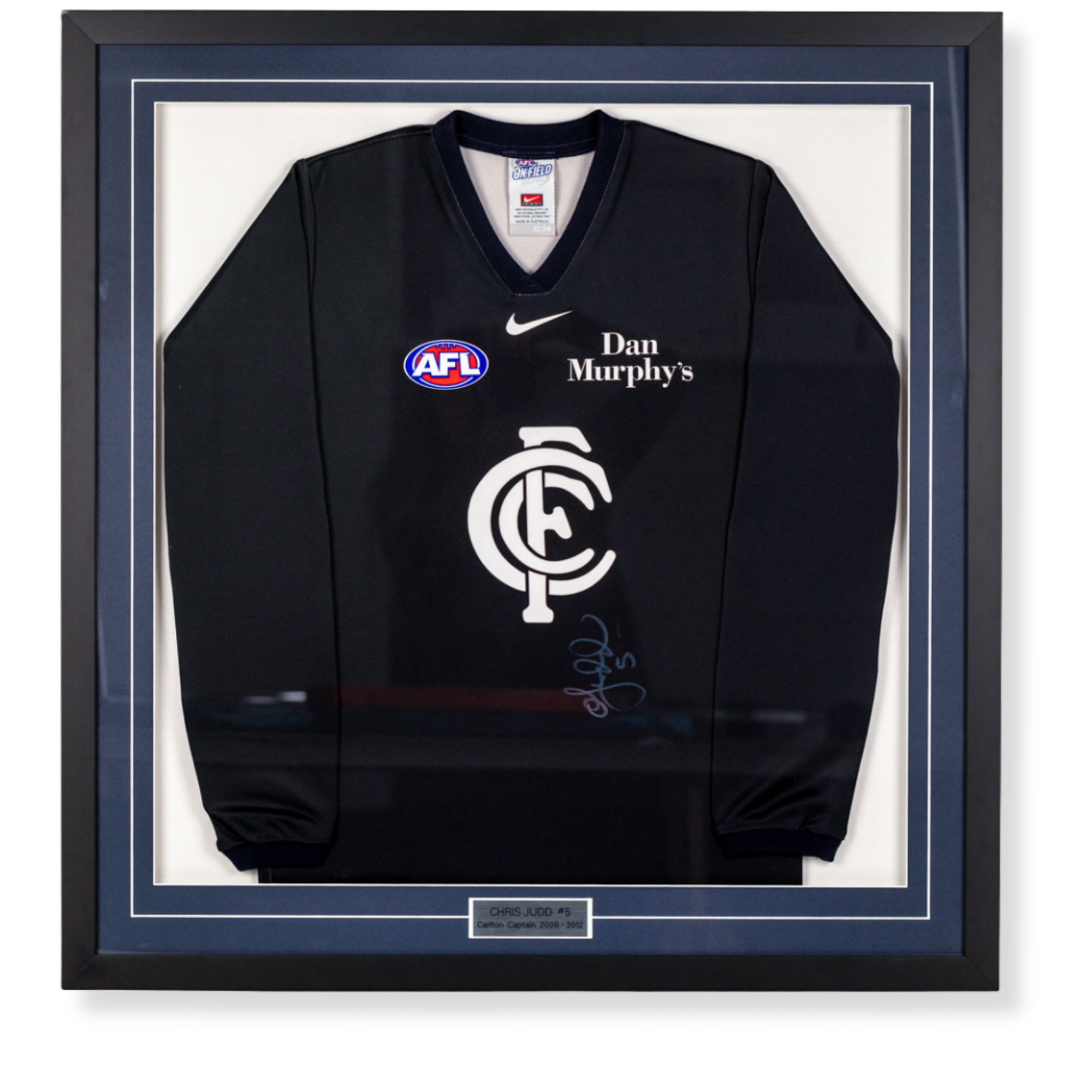 Custom framed Carlton Football Club AFL jersey memorabilia display with commemorative details.