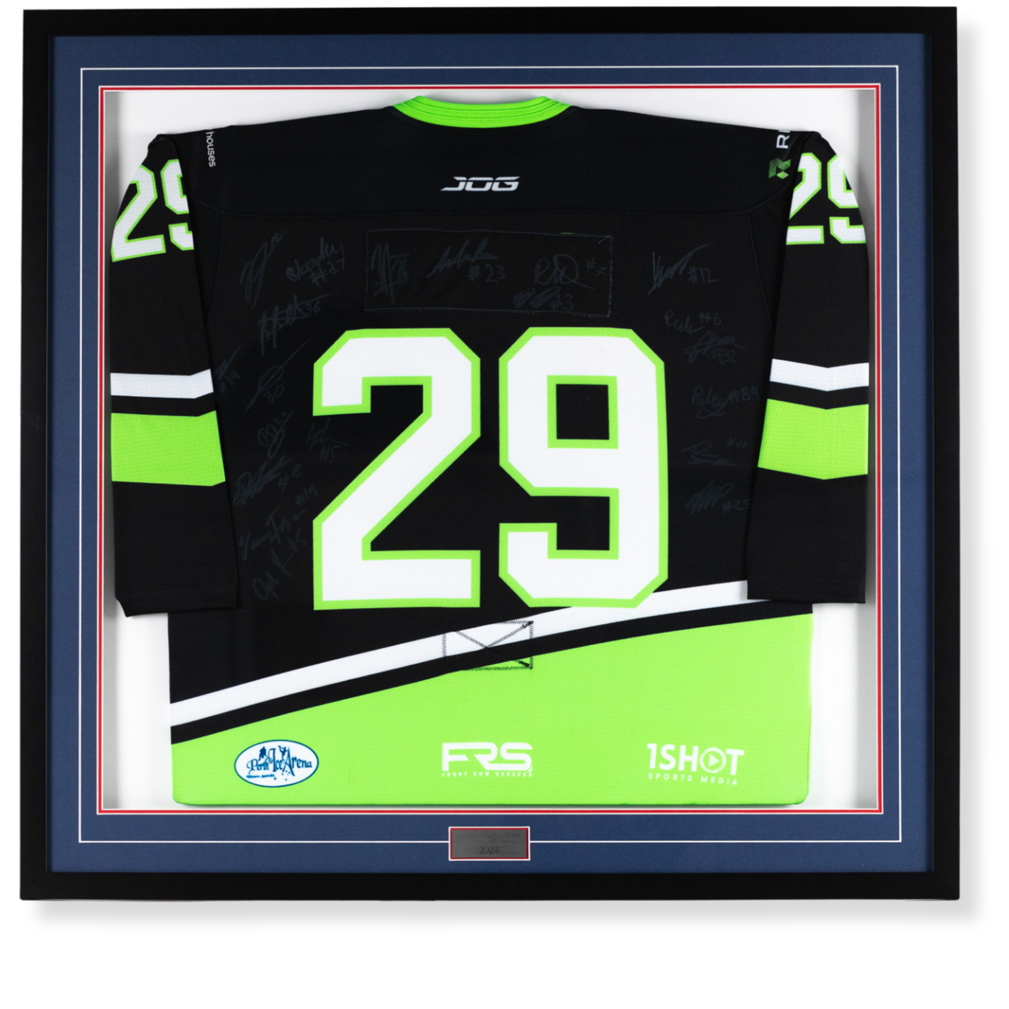 Framed display of an ice hockey WA jersey with neon green and white details, signed by various players, with the number 23 in large neon green and white numbers