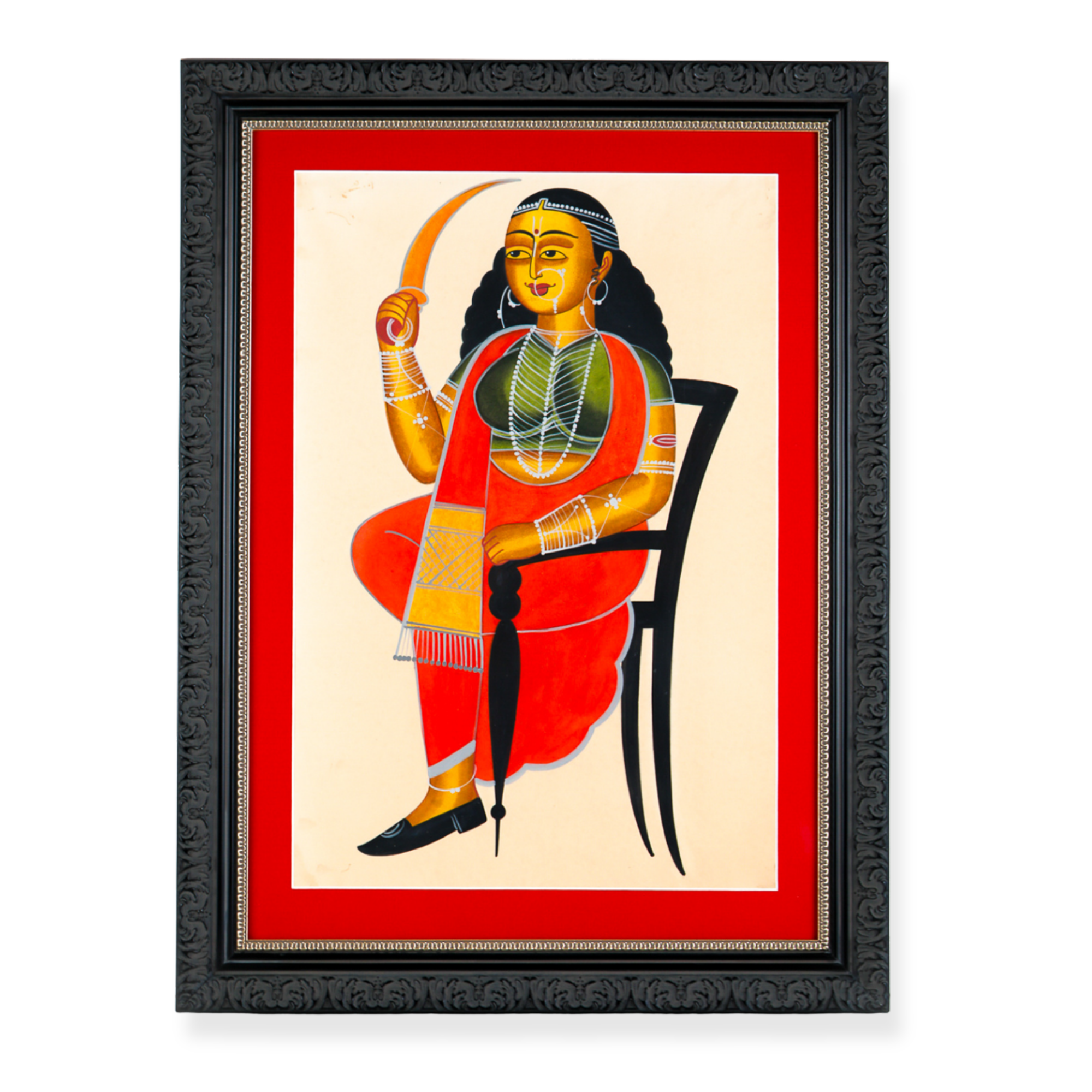 Framed traditional Indian portrait artwork displayed in an ornate black decorative frame.