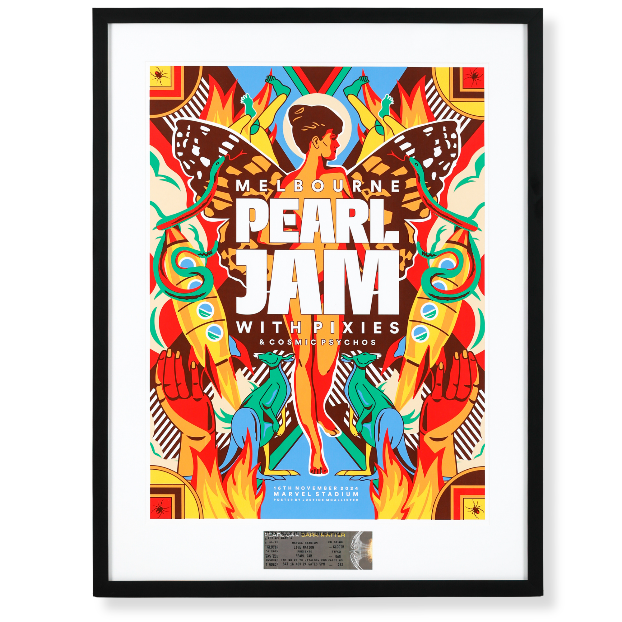 Custom framed Pearl Jam concert memorabilia display featuring tour poster artwork and original event ticket.