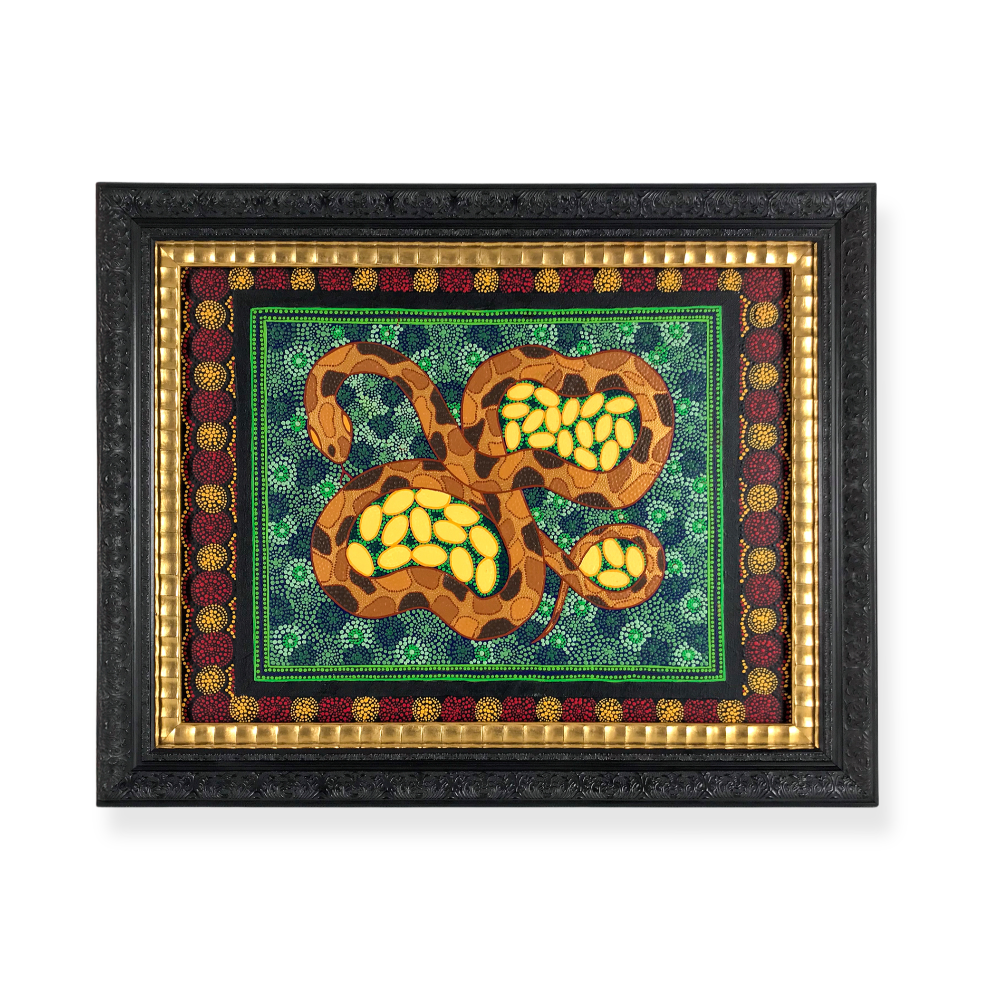 Framed Aboriginal Art dot painting style snake artwork displayed in a decorative black statement frame with gold textured inner frame. 