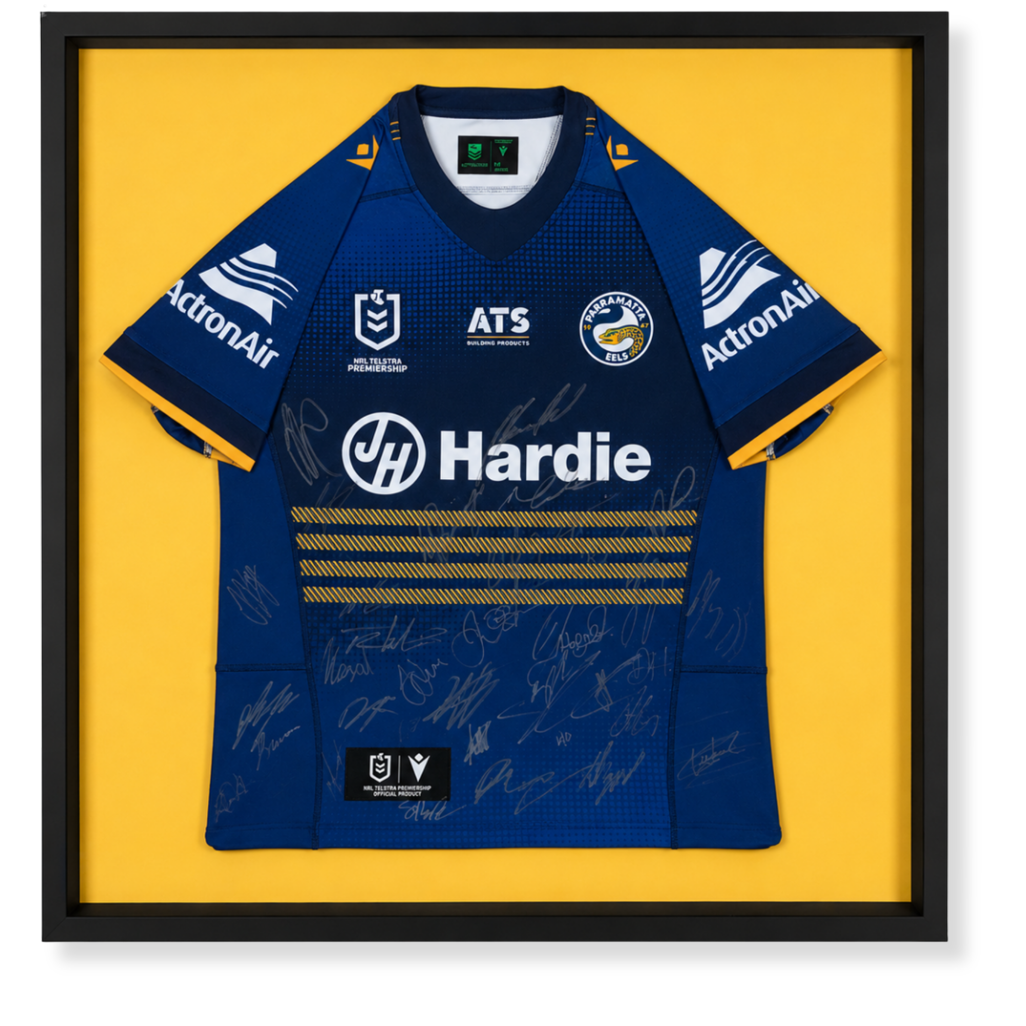 Custom framed signed Parramatta Eels NRL jersey memorabilia display featuring team sponsorship branding.