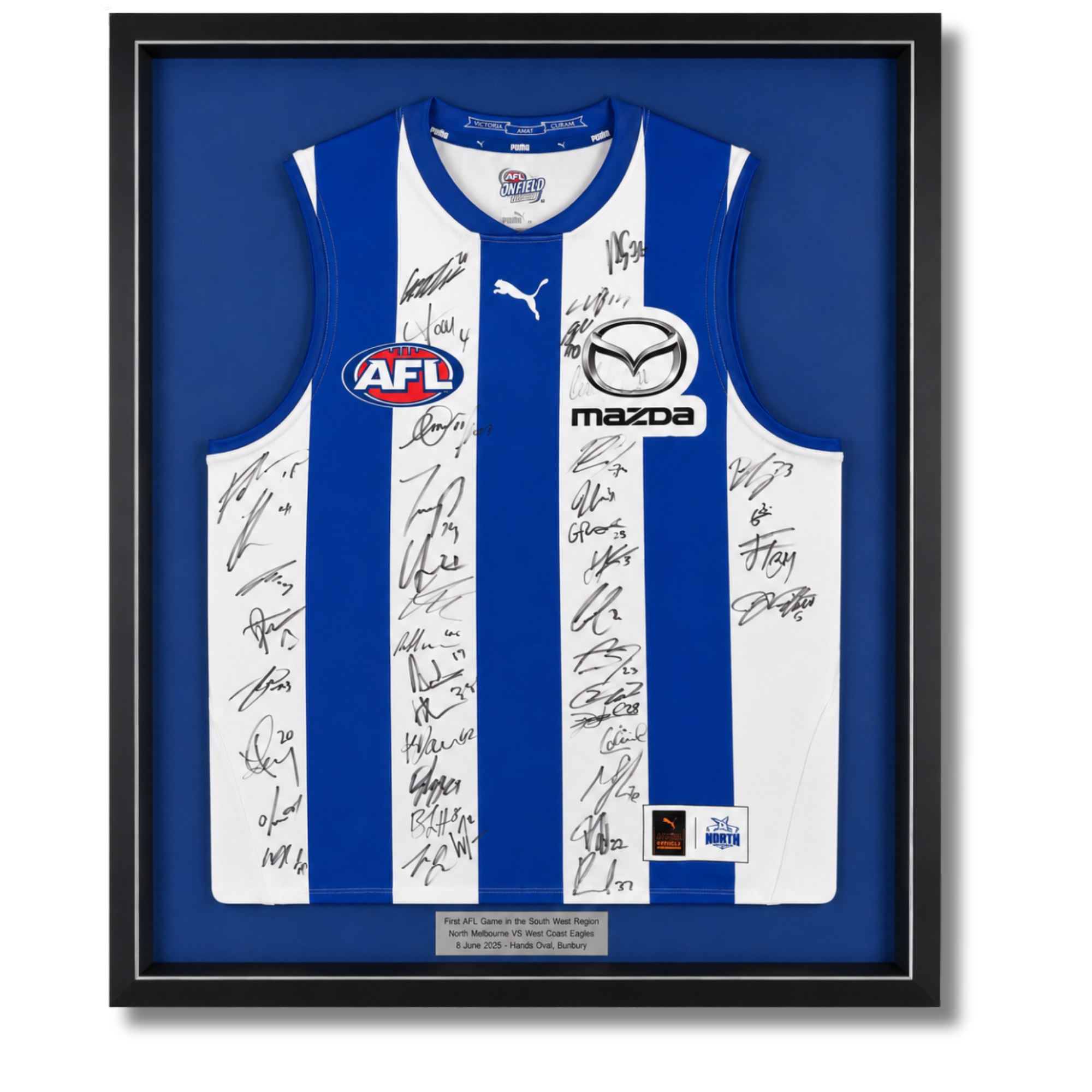 Custom framed North Melbourne AFL jersey featuring player signatures from the first AFL game vs West Coast Eagles at Hands Oval, Bunbury.