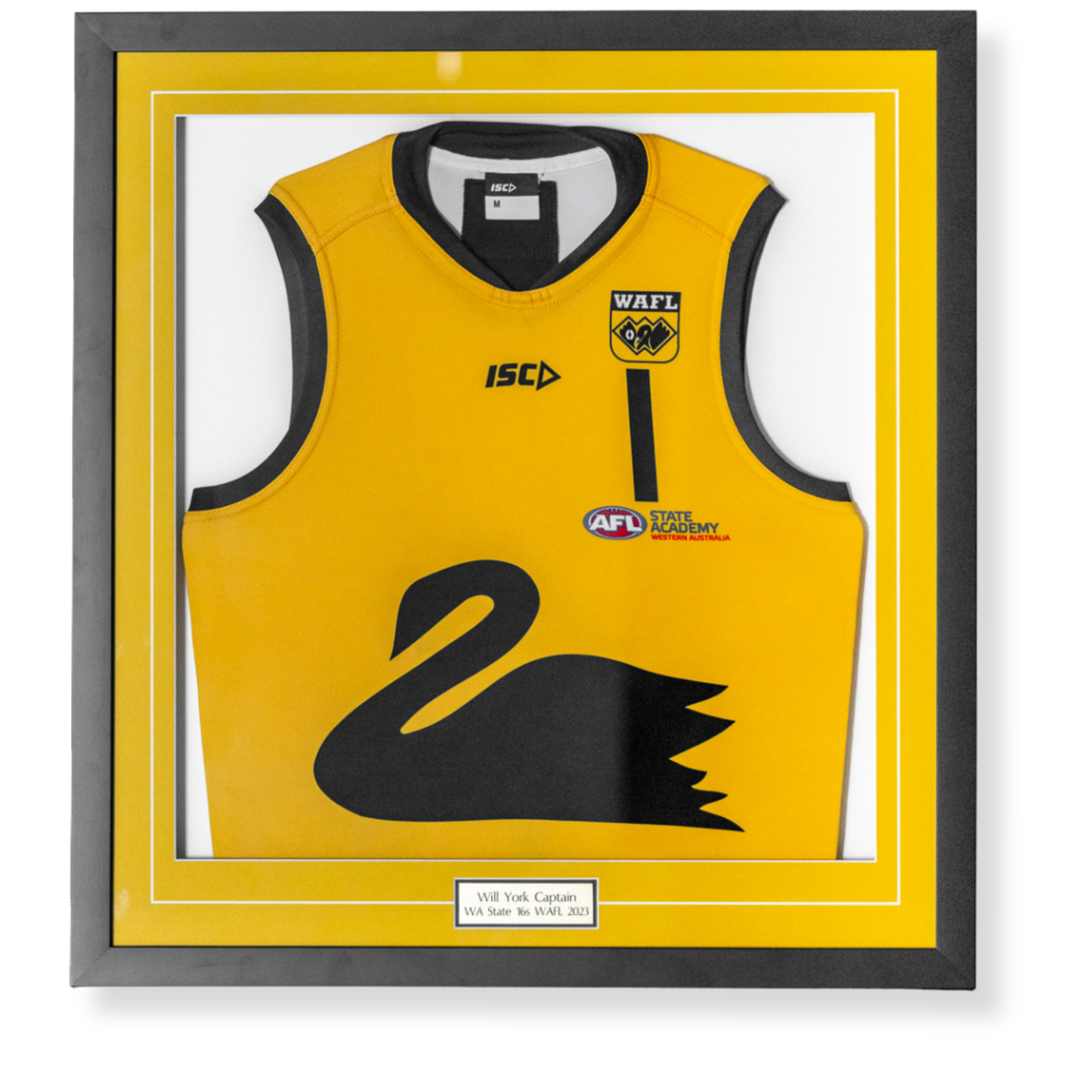 Custom framed WA State 16s WAFL captain jersey display featuring signed football memorabilia from the 2023 season.