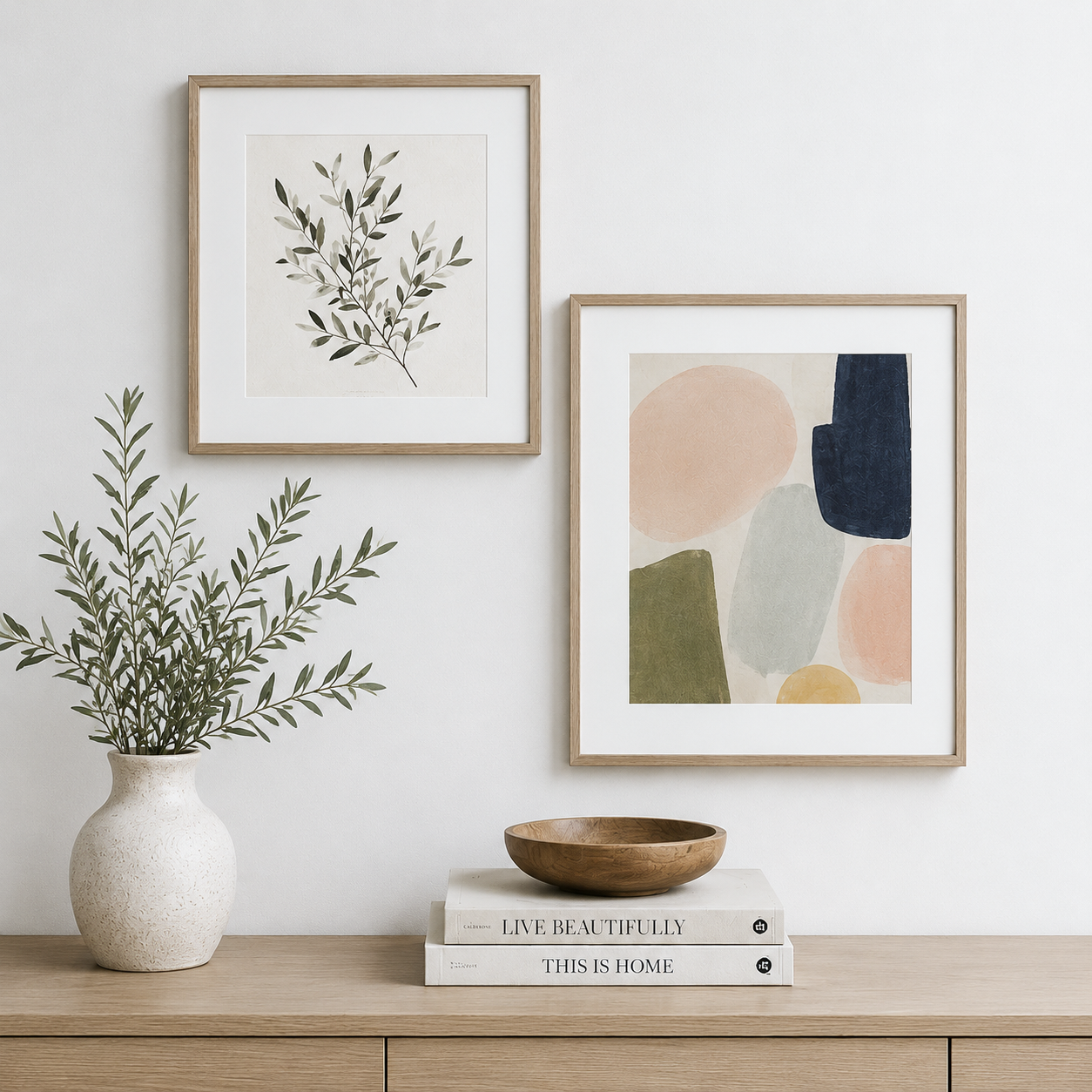 Minimalist framed art prints styled in a modern interior, featuring neutral-toned artwork and custom framing by Framed.