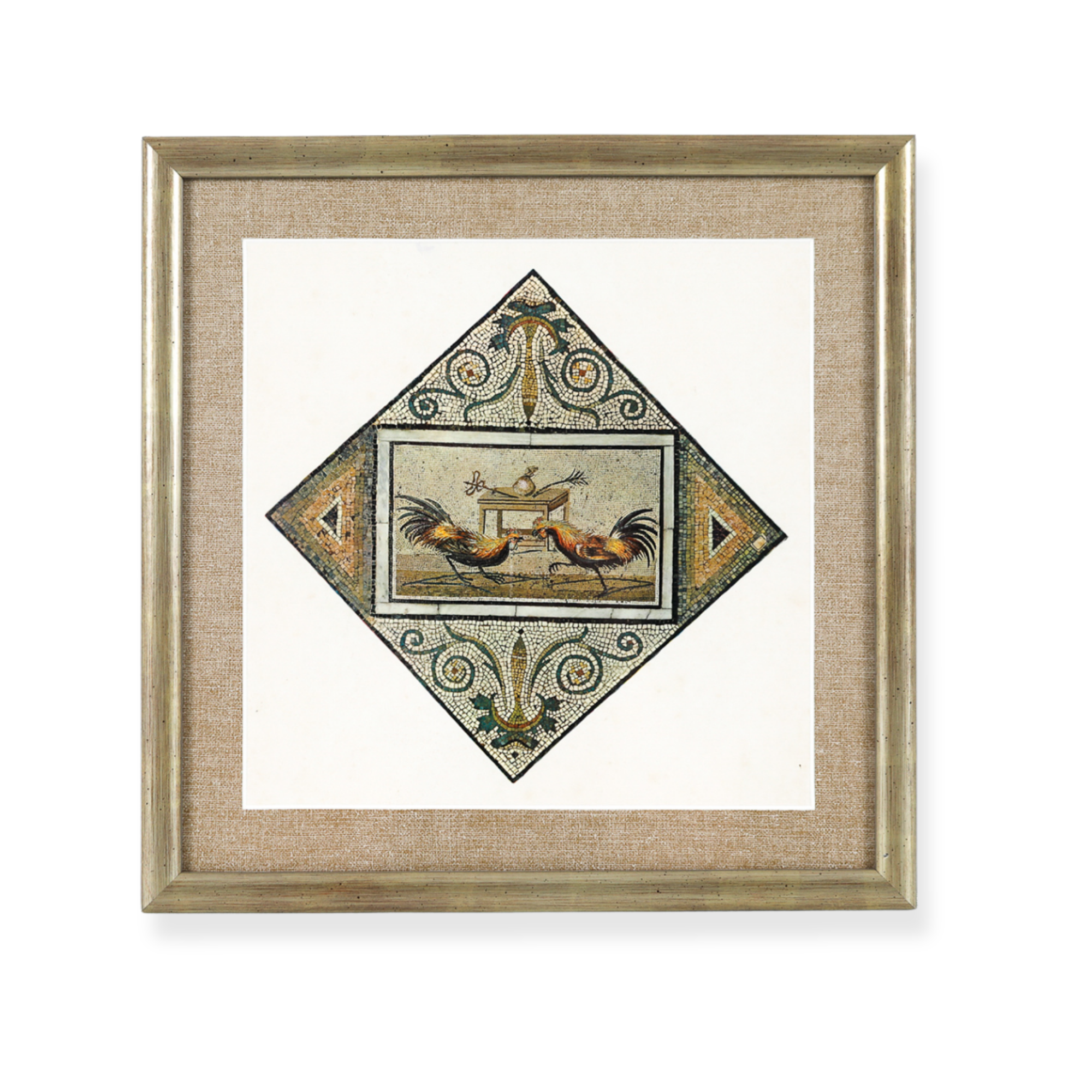 Framed mosaic artwork featuring decorative farmhouse style with chickens and floral detailing, displayed on textured matting.