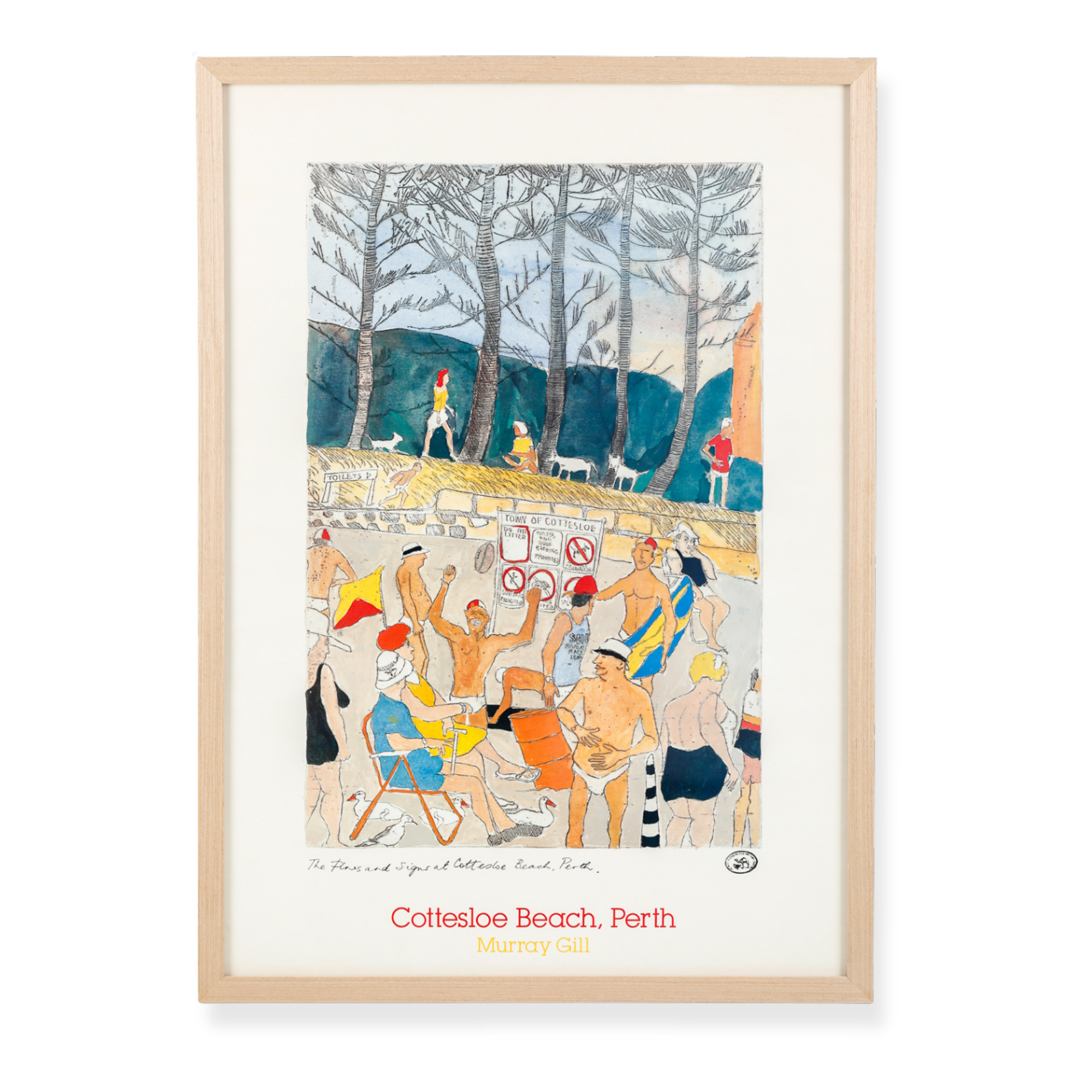 Framed art print titled “The Pines and Signs at Cottesloe Beach, Perth” by Murray Gill