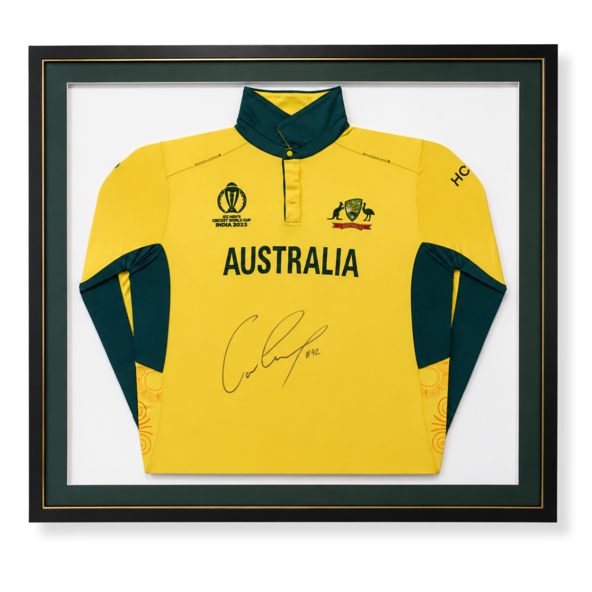 Custom framed Australian cricket jersey from the 2023 ICC Men’s Cricket World Cup featuring signed team memorabilia.