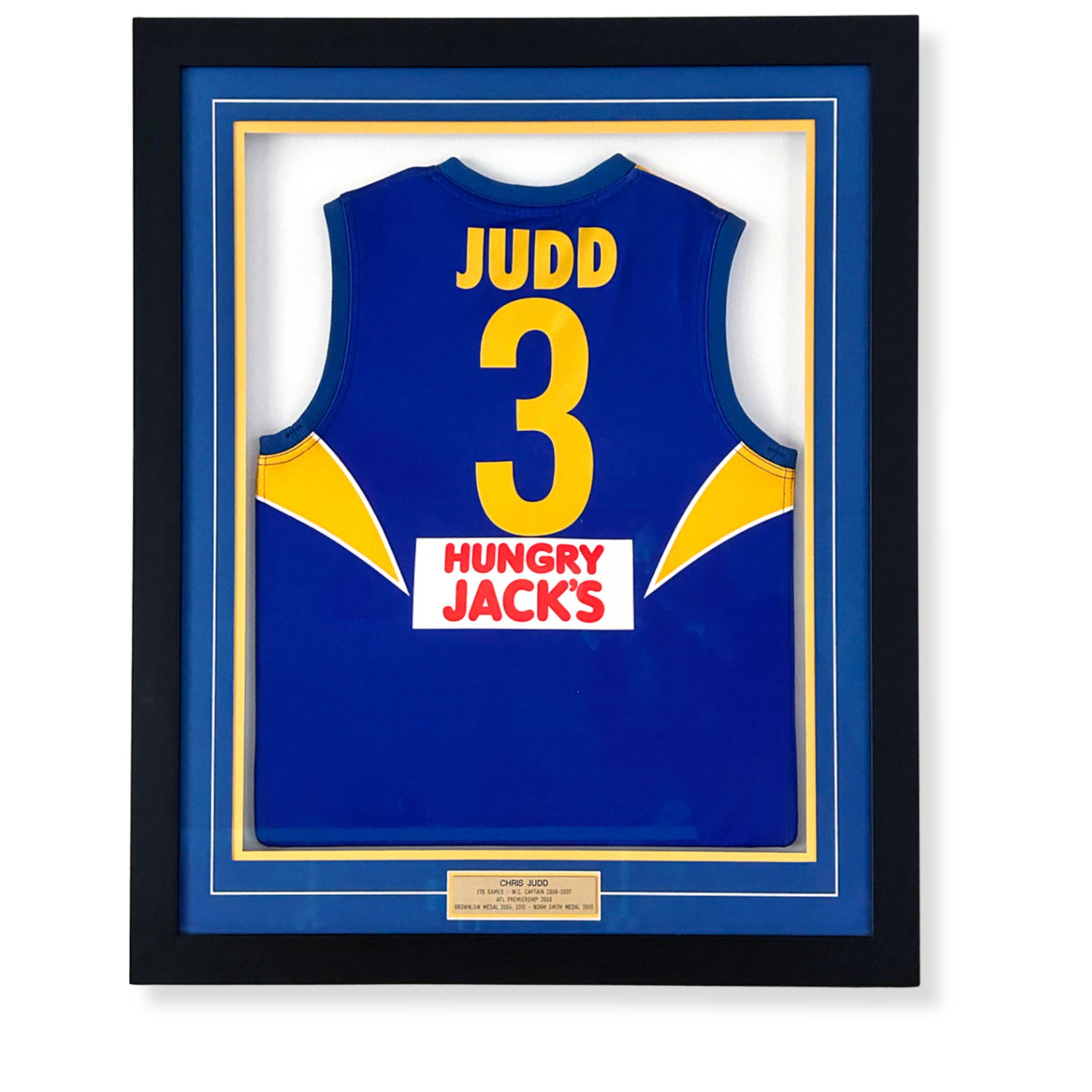 Custom framed Chris Judd AFL jersey memorabilia display commemorating his West Coast Eagles football career.