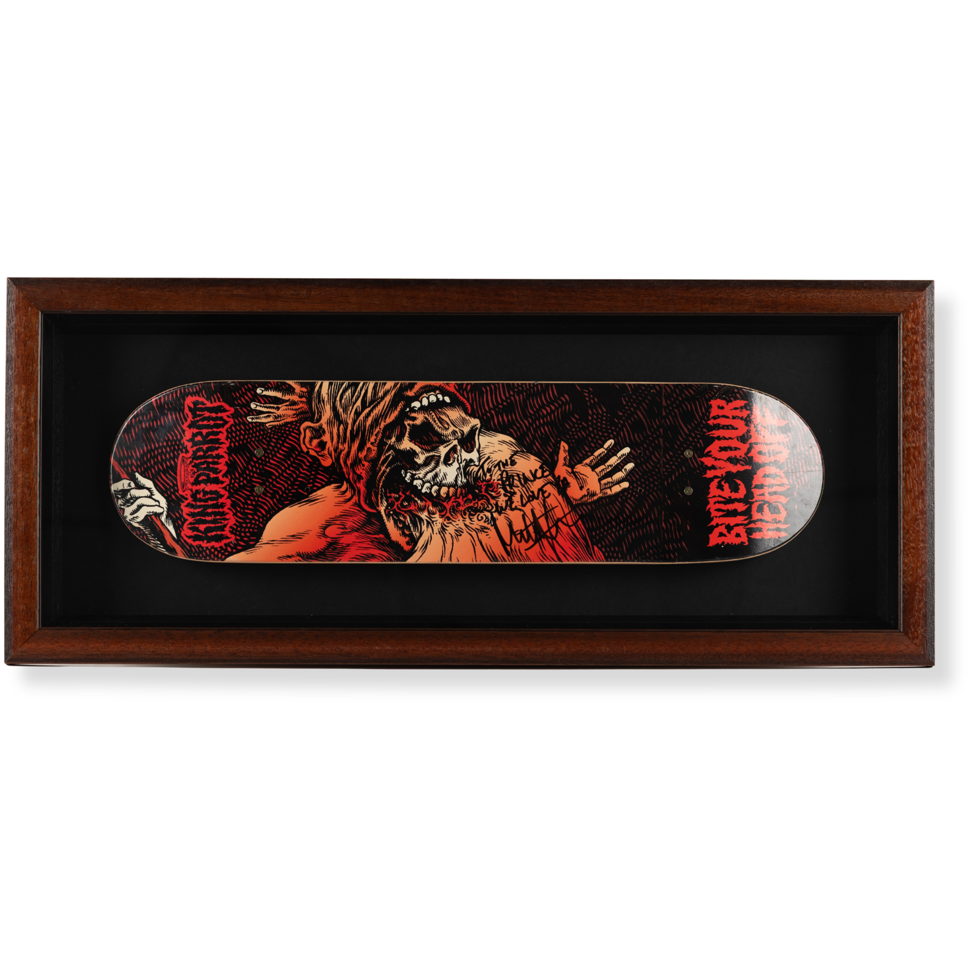 Framed skateboard deck artwork featuring red, black, and sepia-toned graphic illustration.