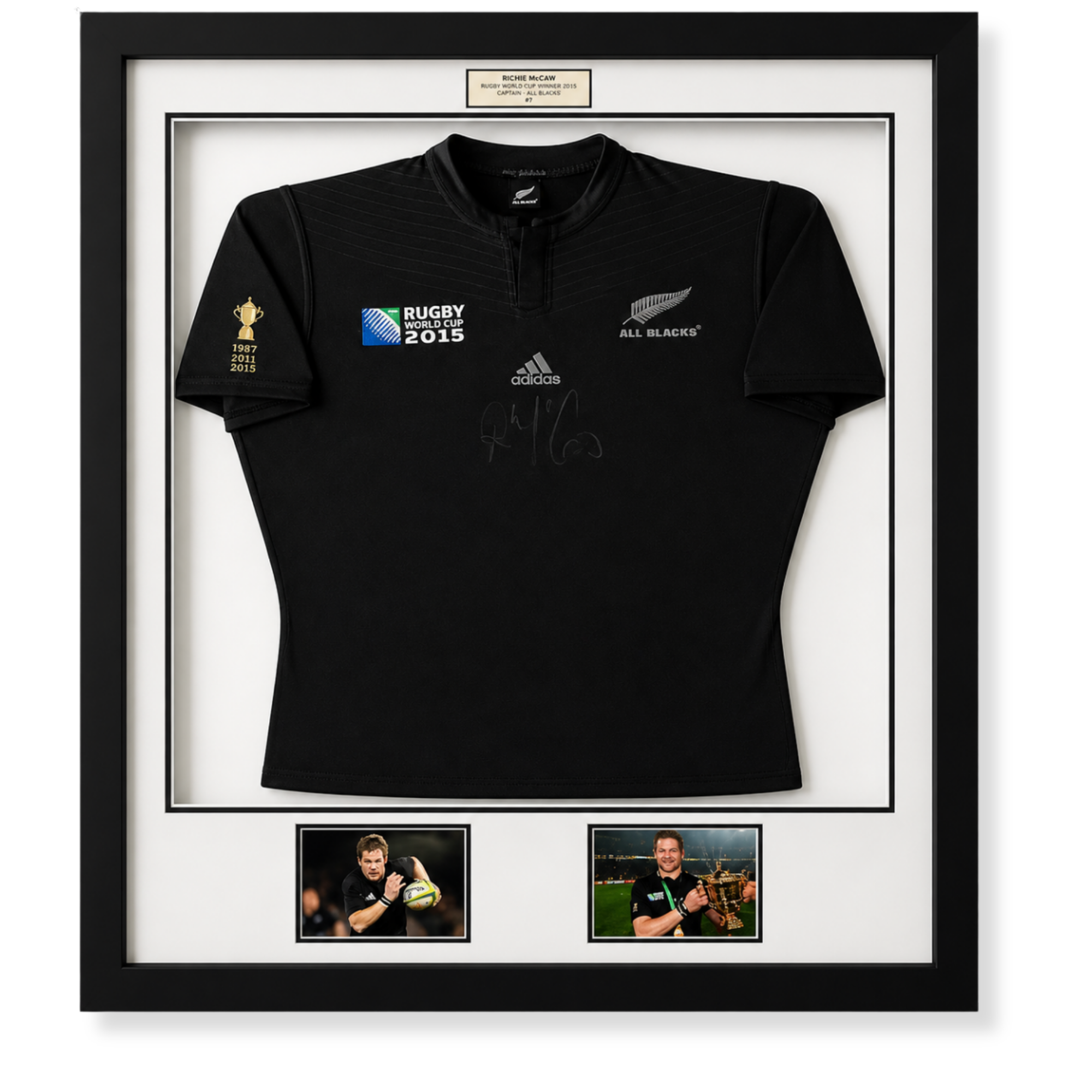 Custom framed All Blacks rugby jersey display featuring signed memorabilia, commemorative patches and team photographs.