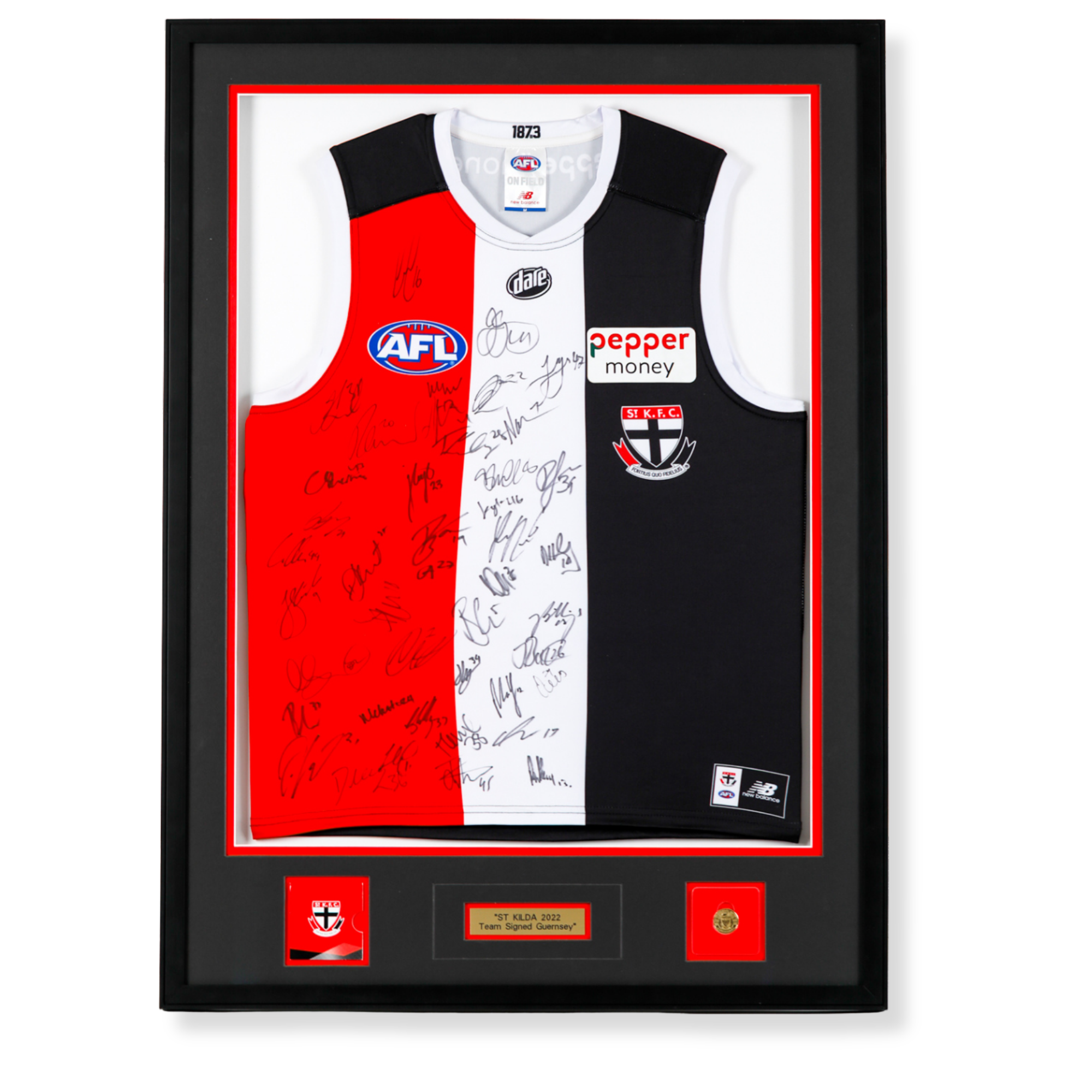 Custom framed signed St Kilda AFL jersey display featuring the 2022 team guernsey and club memorabilia.