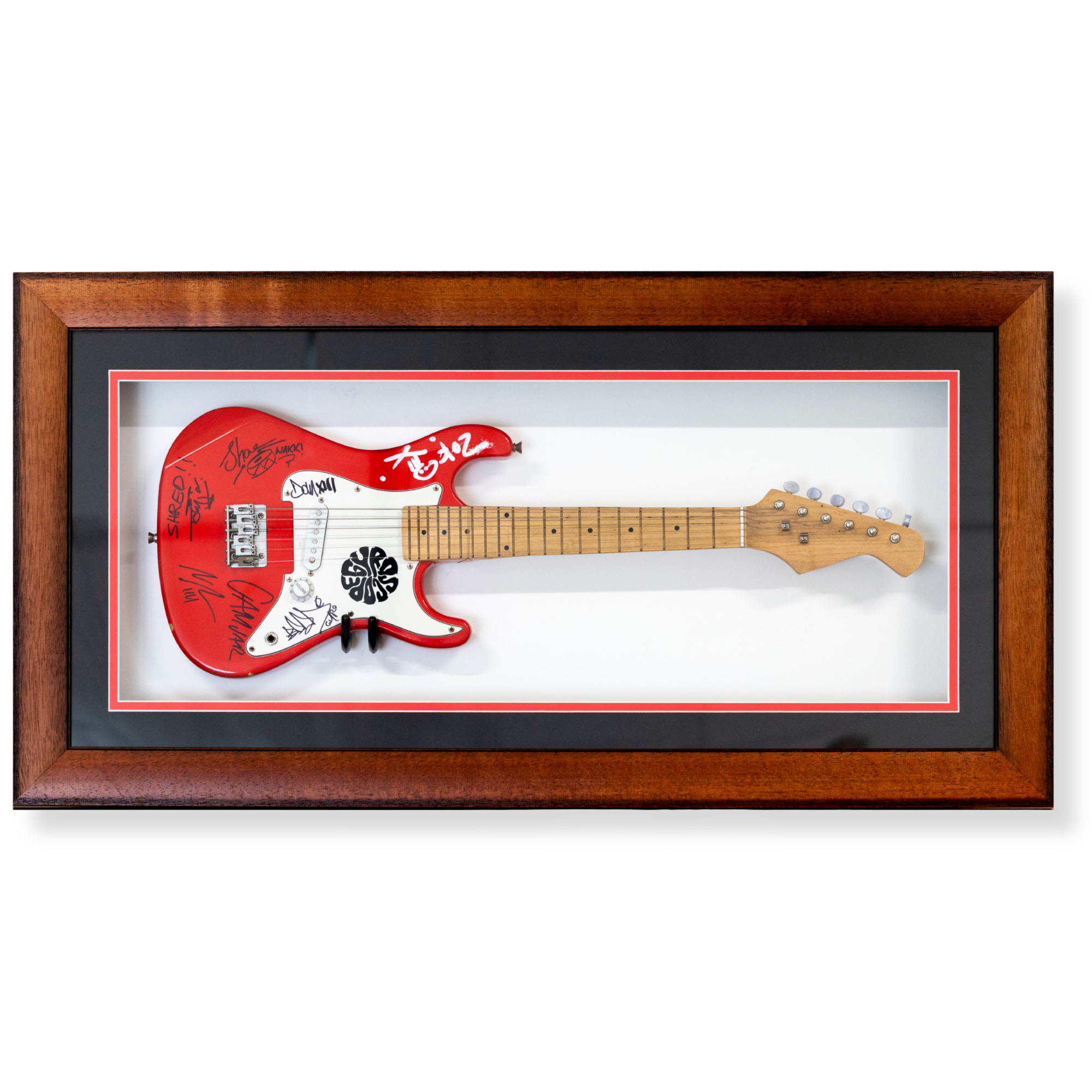 Custom framed signed electric guitar display featuring autographed memorabilia mounted in a handcrafted shadow box frame.