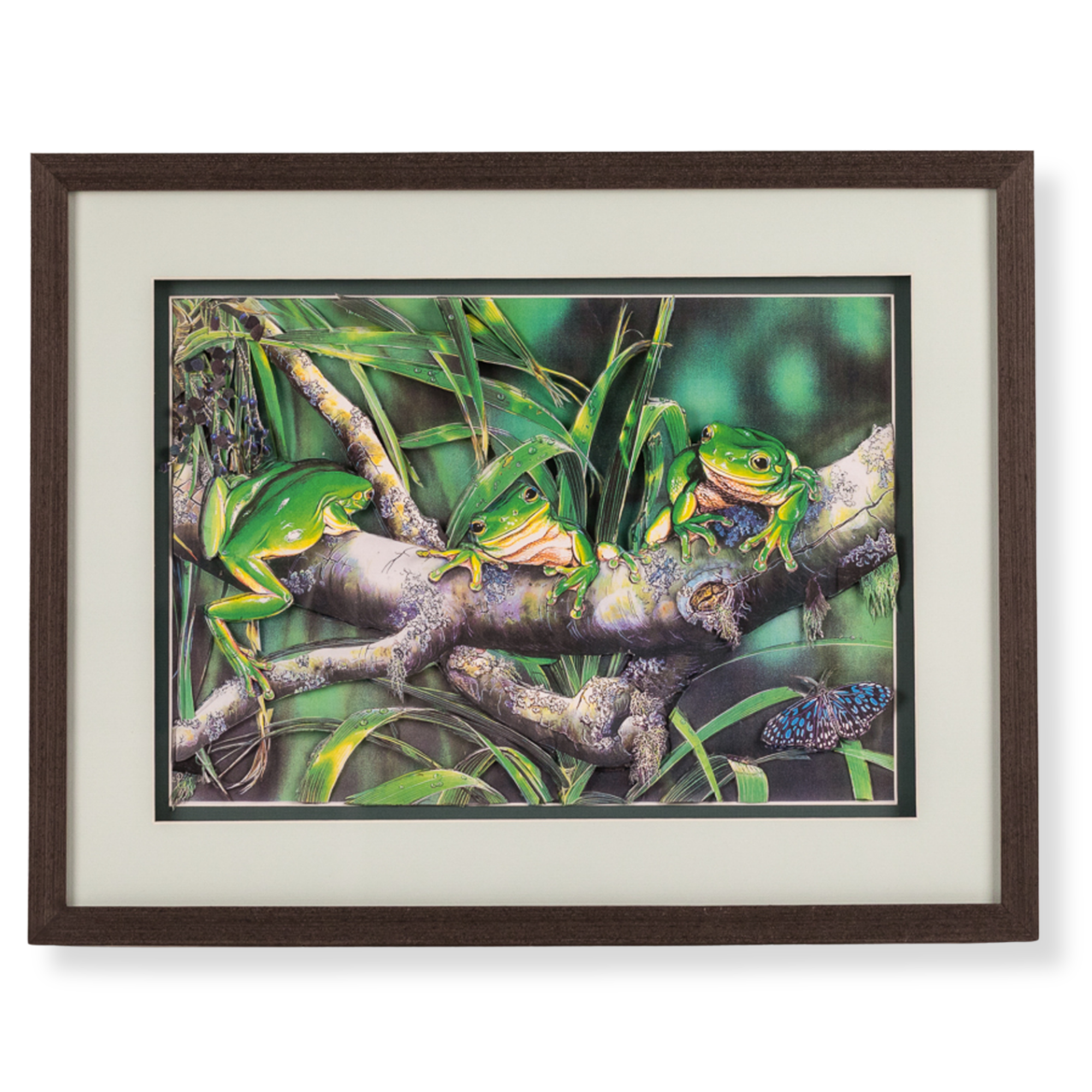 Custom framed decoupage artwork featuring frogs and rainforest botanical details.