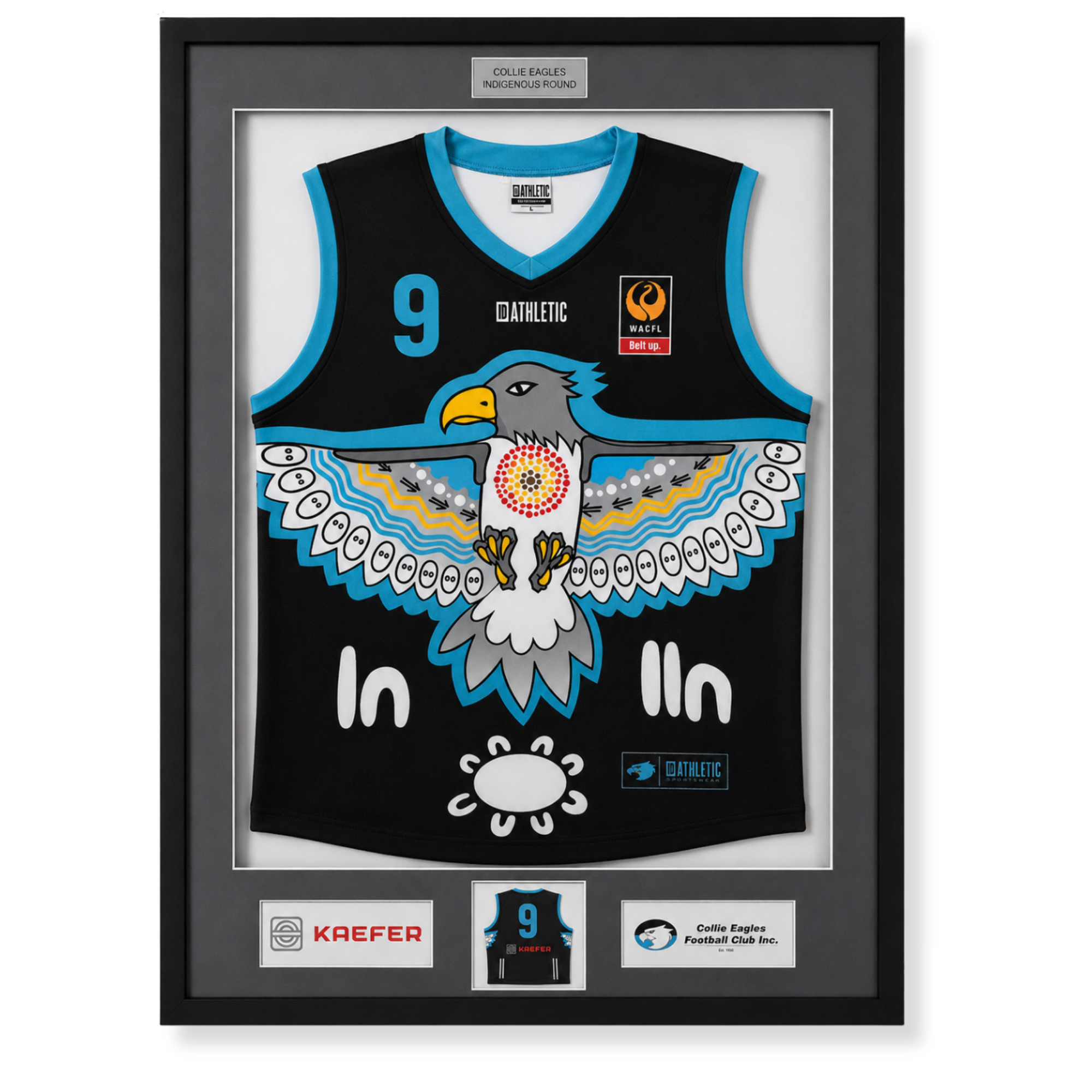 Custom framed WAFCL Collie Eagles football jersey memorabilia display featuring eagle artwork and sponsor branding.