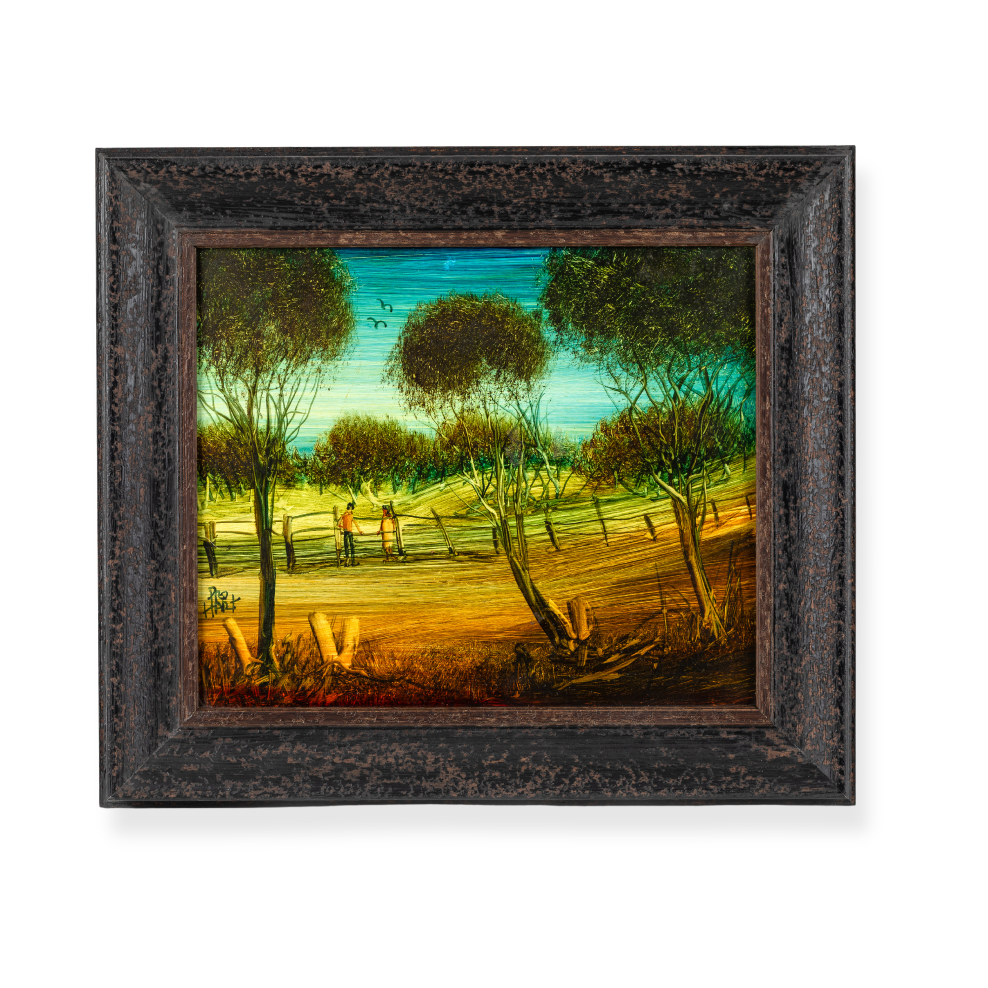 Framed landscape artwork featuring trees and dramatic lighting in a textured dark timber frame.