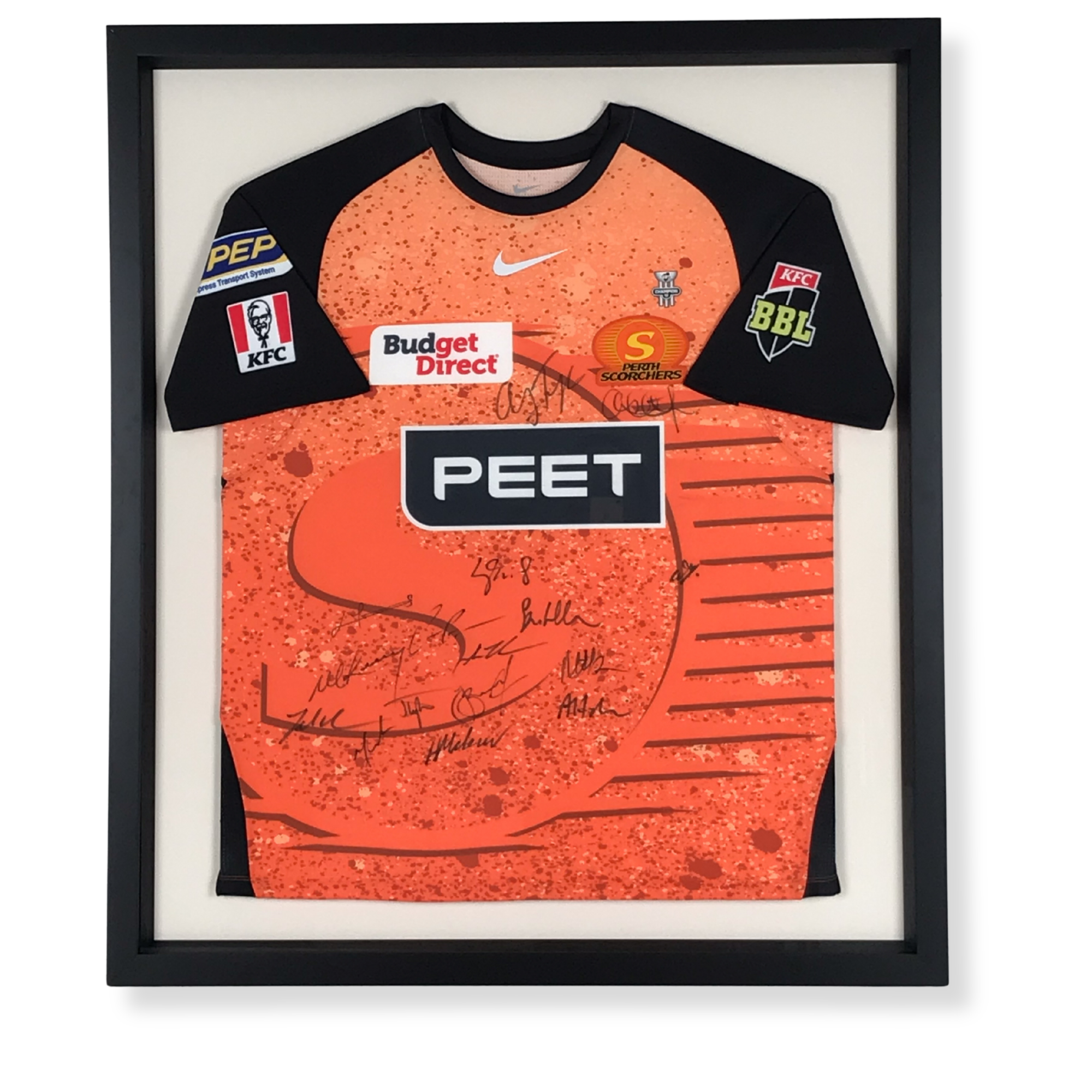 Custom Wests Tigers Rugby League signed football jersey memorabilia display featuring team signatures and sponsor branding.