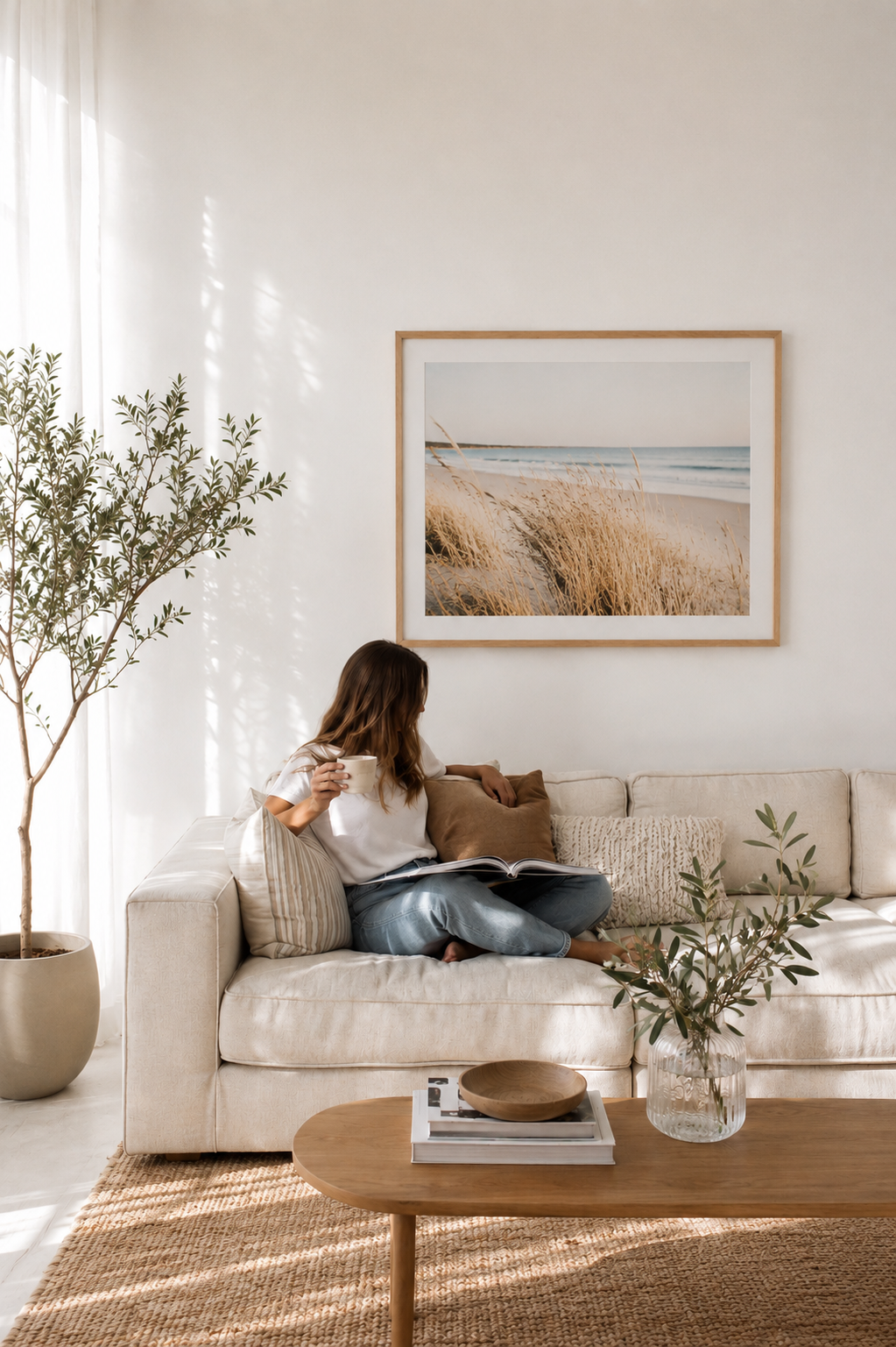 Coastal photographic artwork styled within a modern Australian interior using a natural timber frame.