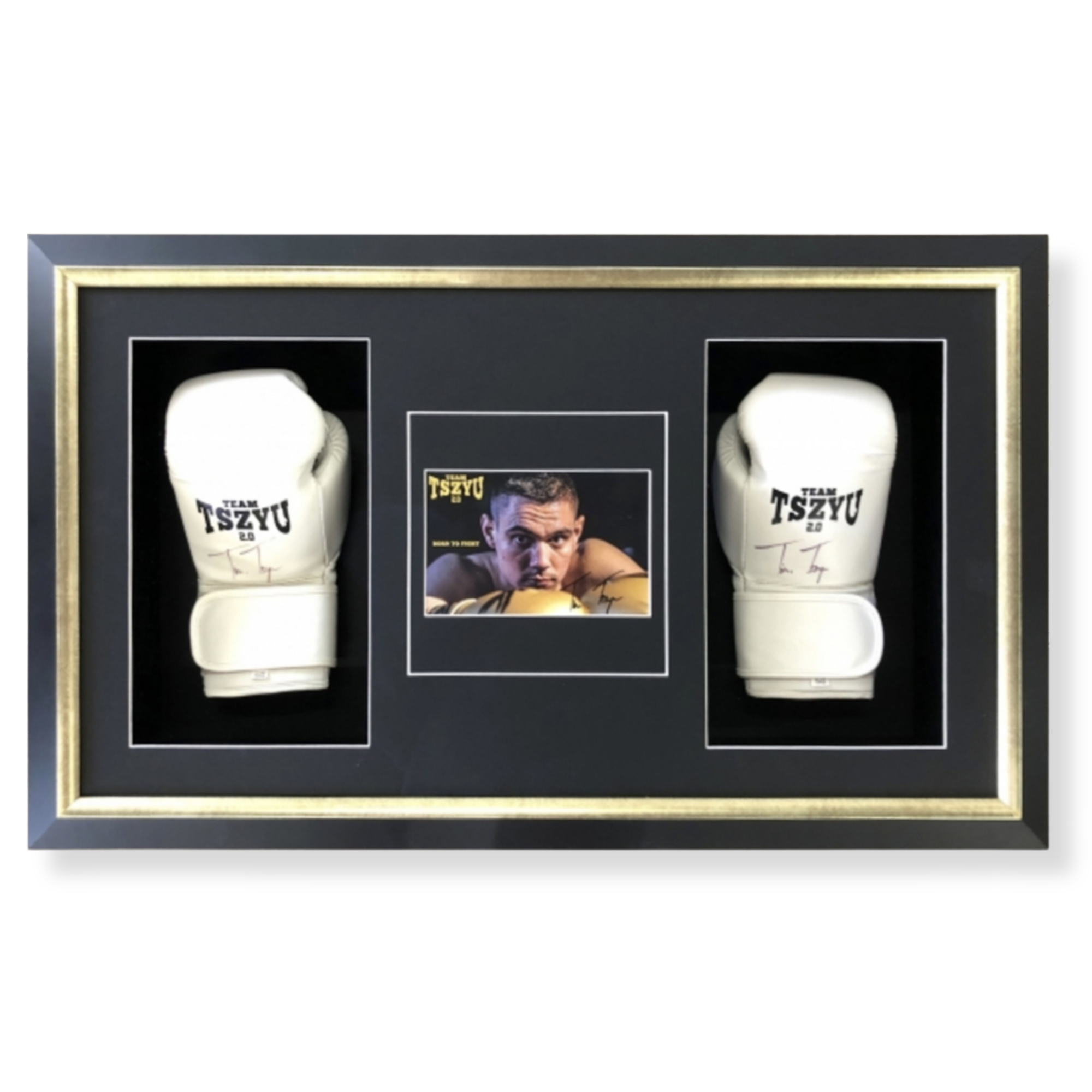 Custom framed boxing memorabilia shadow box featuring signed gloves and athlete photography.