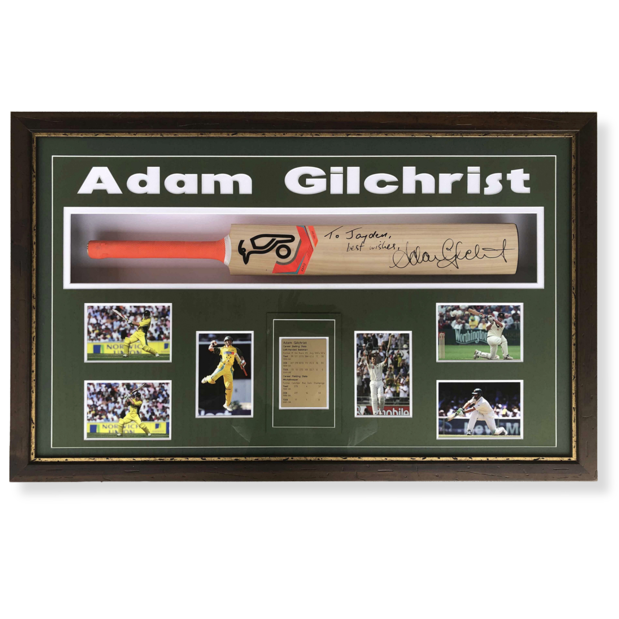 Custom framed Adam Gilchrist cricket memorabilia display featuring signed bat and match photography.