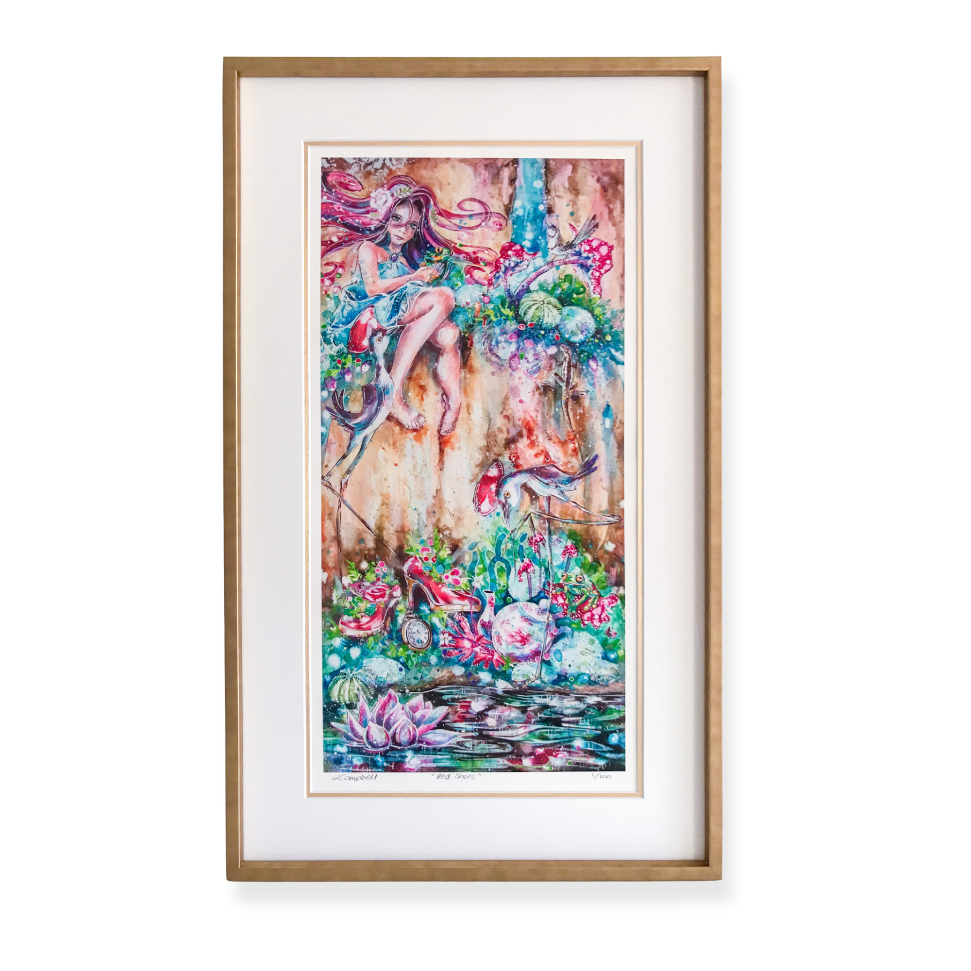 Framed watercolor artwork titled “Red Shoes” by Campbell, displayed with a white mat with metallic gold accent, and contemporary copper frame. 