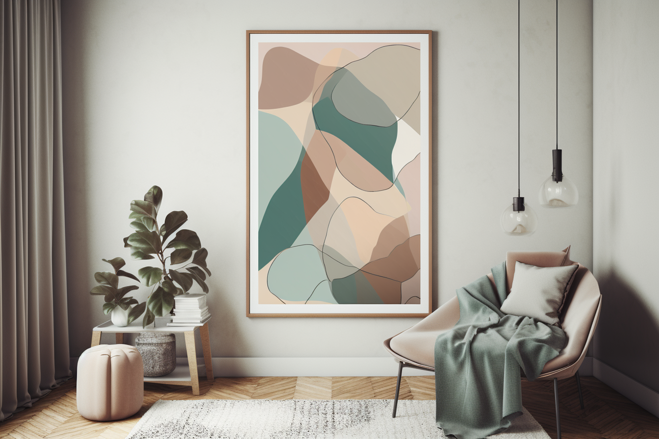 Large abstract art print displayed in a styled interior with oak custom framing, showcasing modern wall art and framing by Framed.
