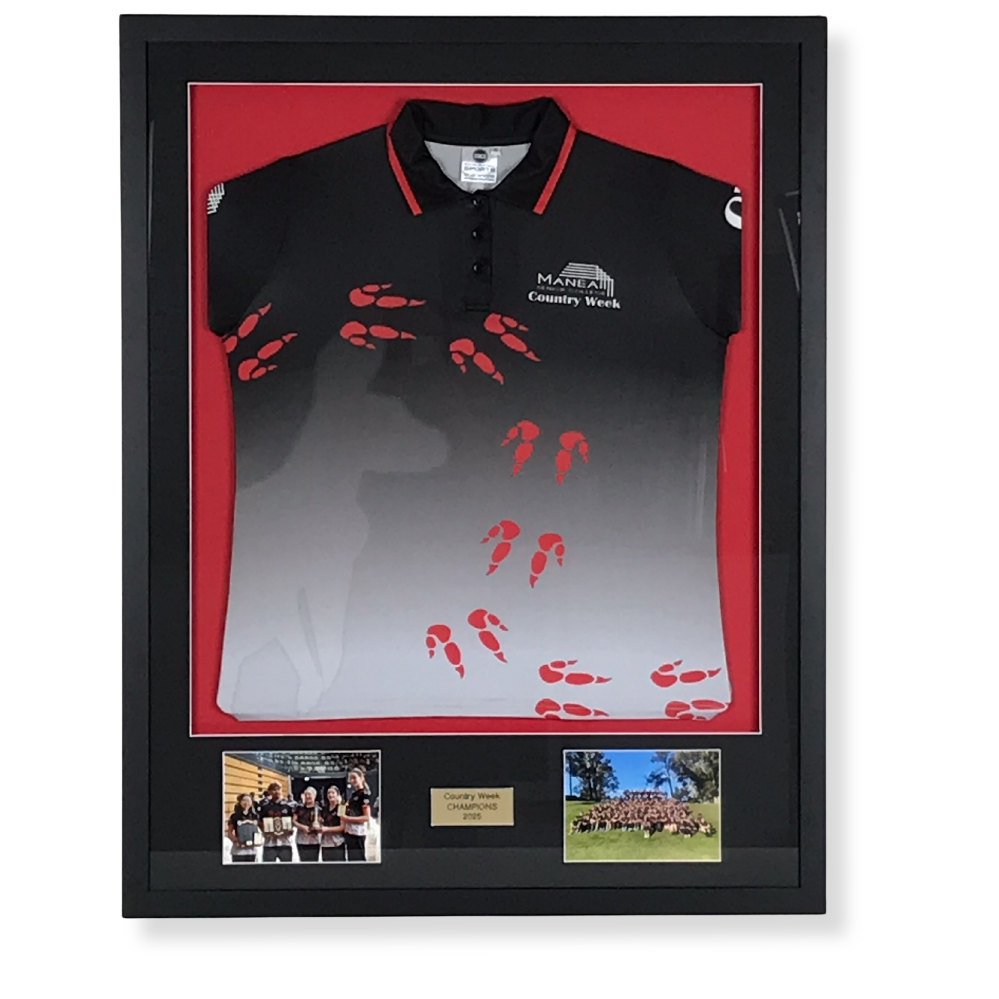 Custom sports memorabilia framing featuring Manea College sports uniform and team photographs commemorating Country Week.