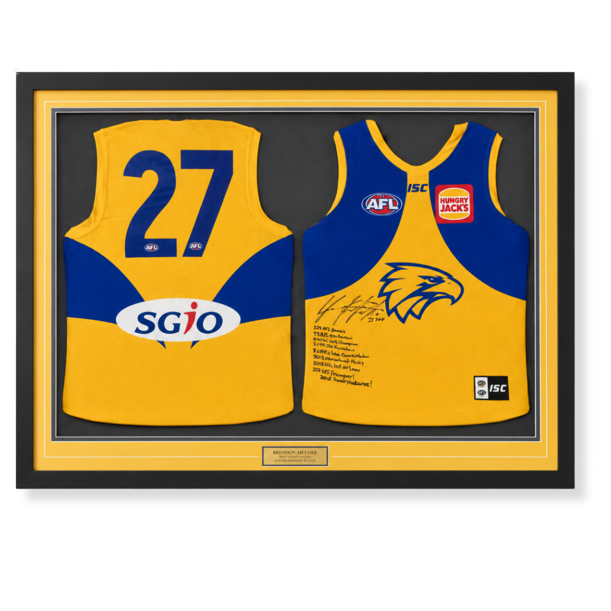 Custom framed dual West Coast Eagles AFL jersey display featuring signed memorabilia and career statistics.