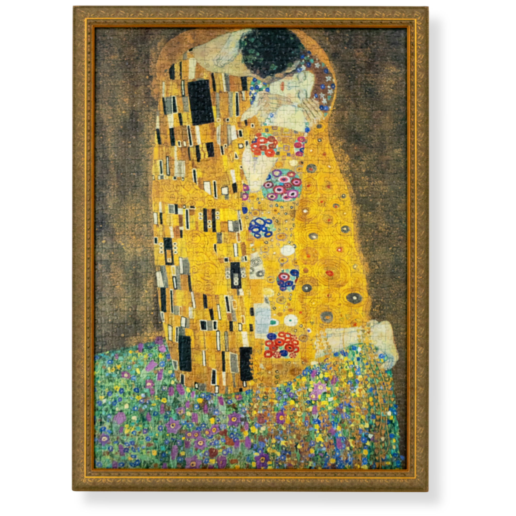 Custom framed Gustav Klimt “The Kiss” jigsaw puzzle artwork featuring an ornate gold frame.