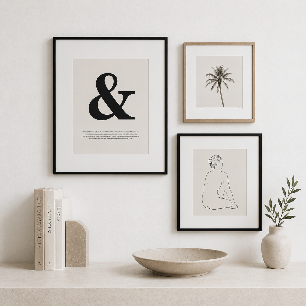 Modern gallery wall featuring framed typography, palm photography and line art prints styled with custom framing by Framed.